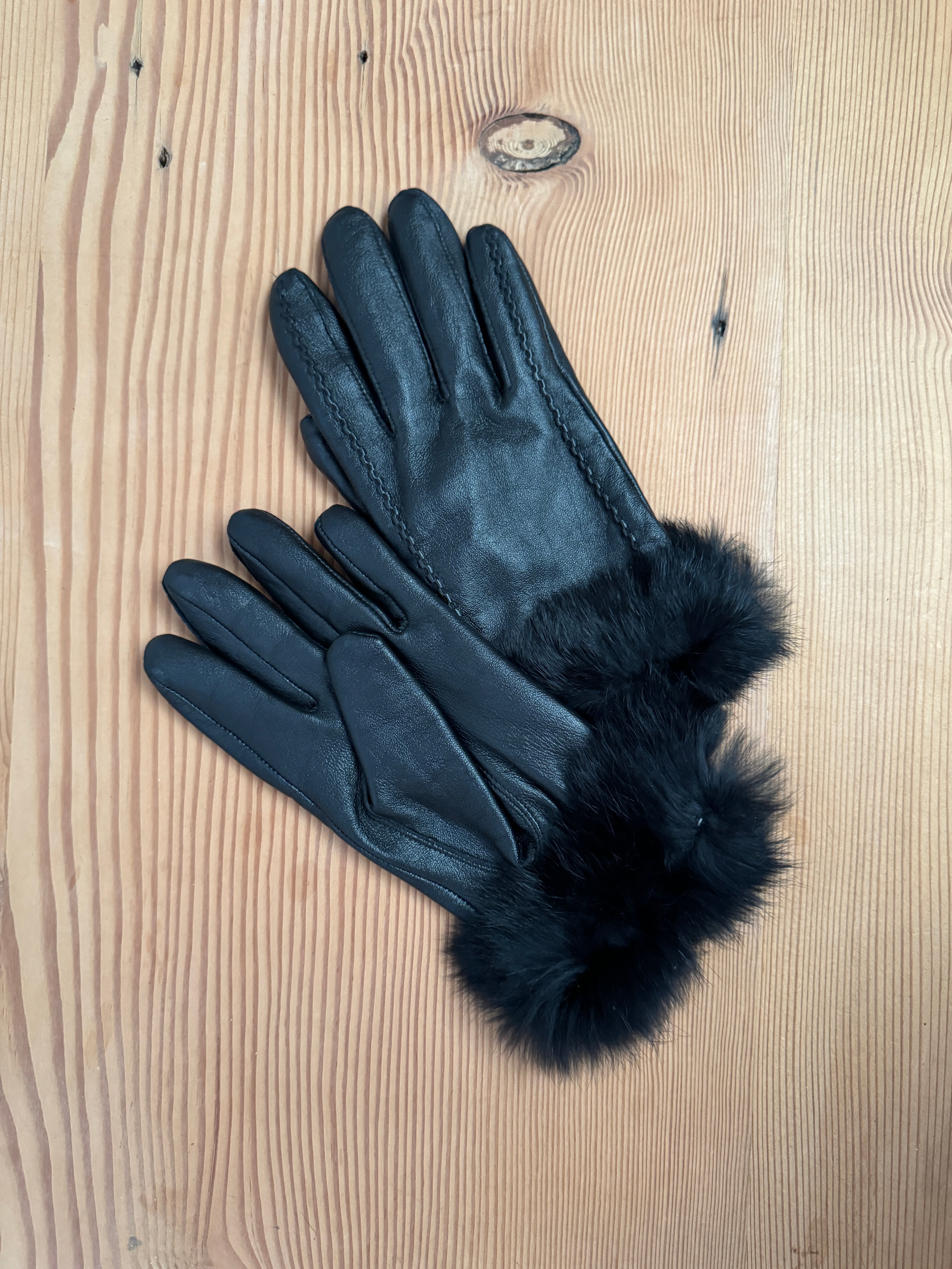 Vintage Fur Trim Gloves Black Leather