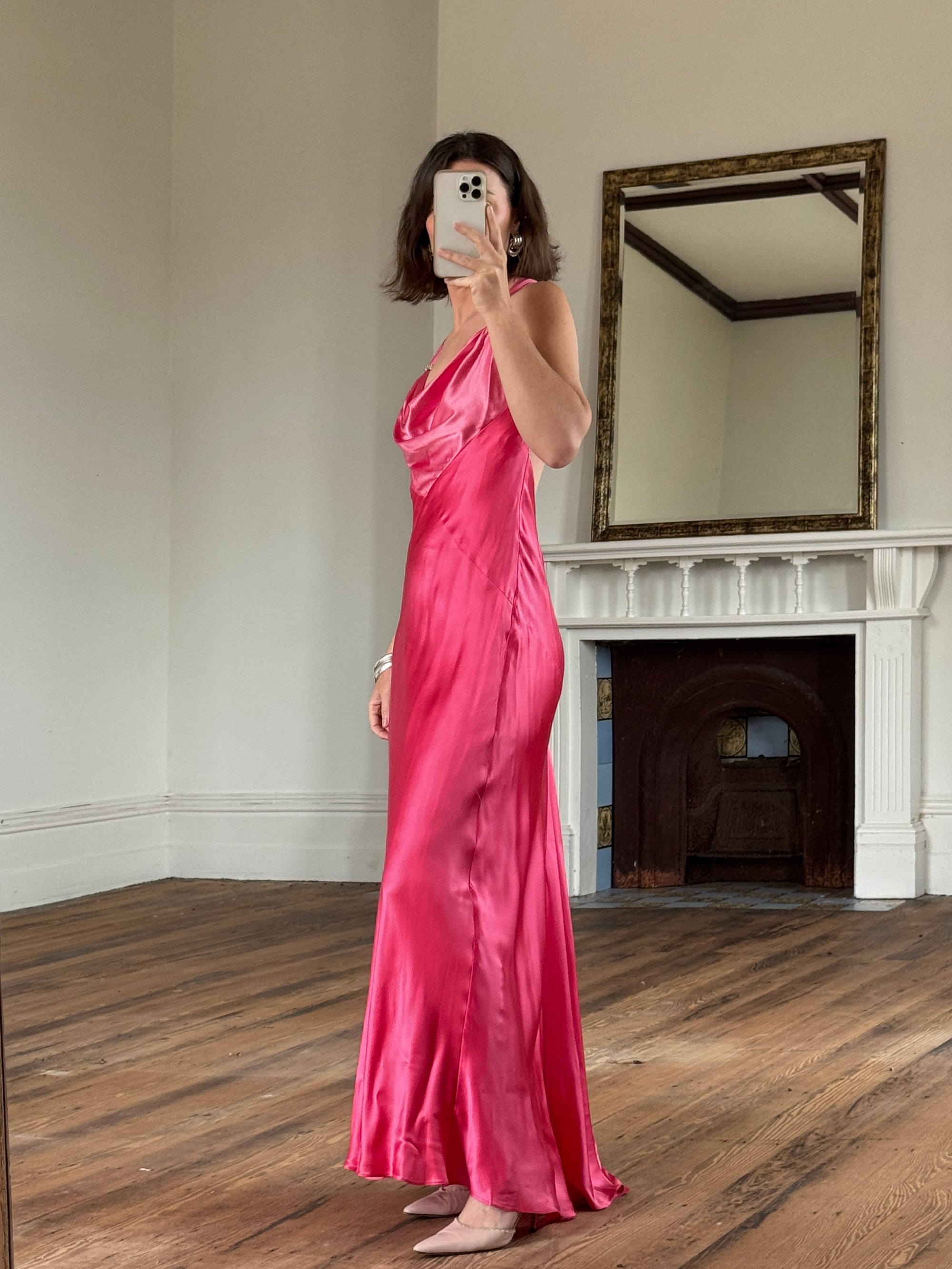 Vintage 90s Pure Silk Bias Cut Slip Dress With Rhinestones Hot Pink