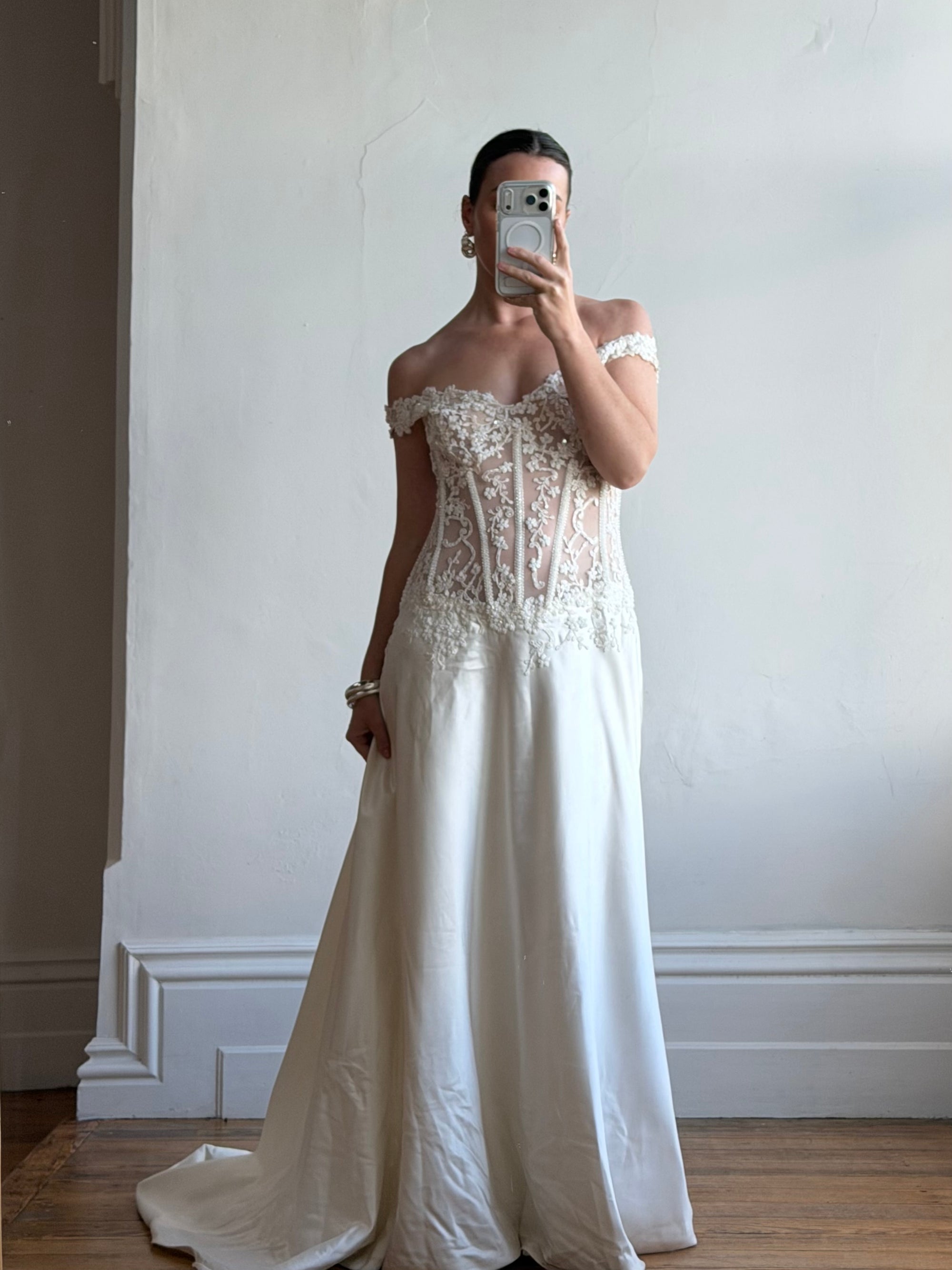 Vintage 90s Italian Naked Embroidered Satin Wedding Dress