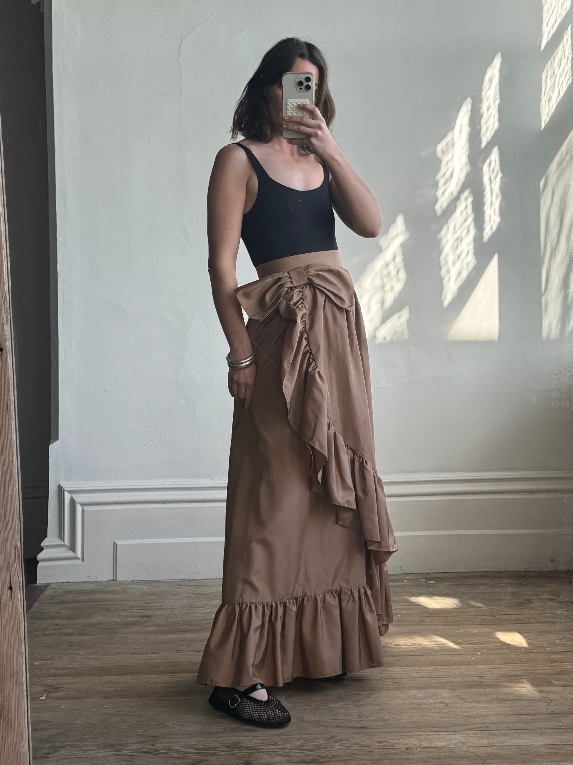 Vintage 80s Taffeta Frill Maxi Skirt Latte