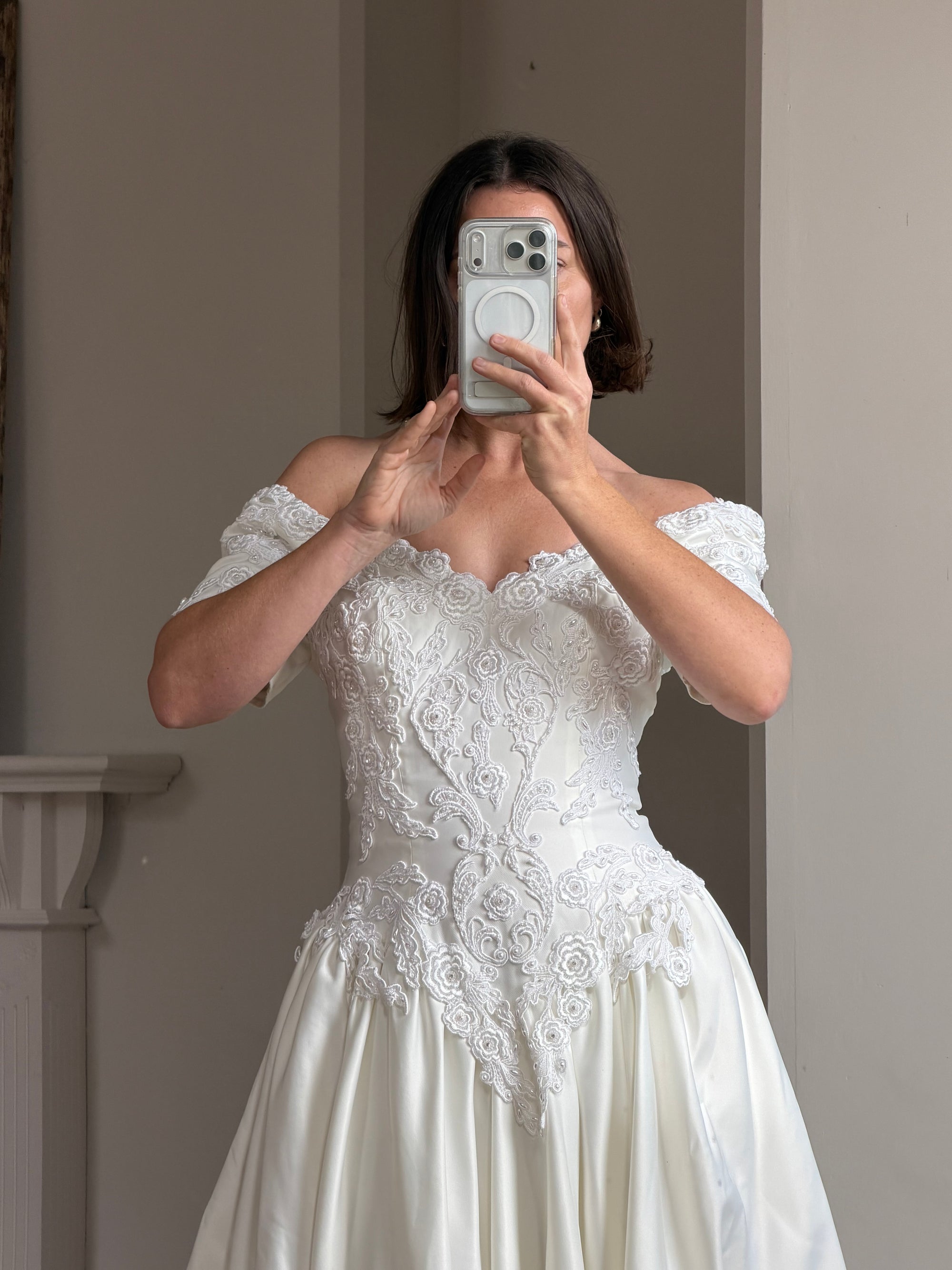 Vintage 90s Embellished Off Shoulder Satin Wedding Gown