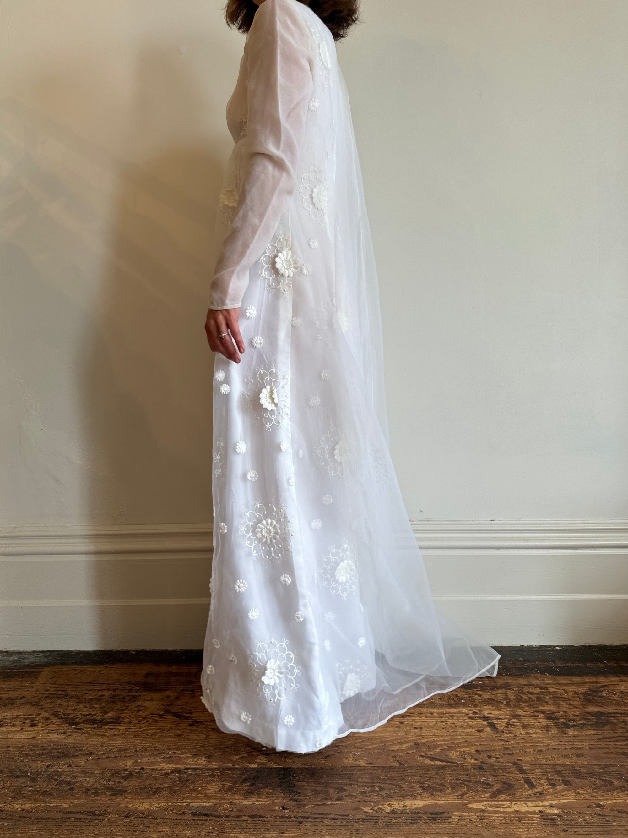 Vintage 70s Embroidered Floral Empire Wedding Gown