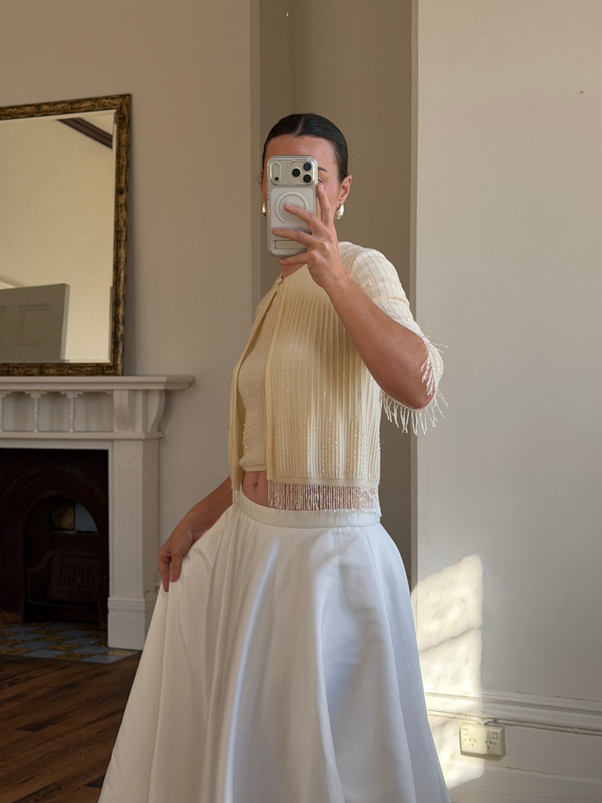 Vintage 60s Merino Wool Beaded Fringe Cardi and Tank Set