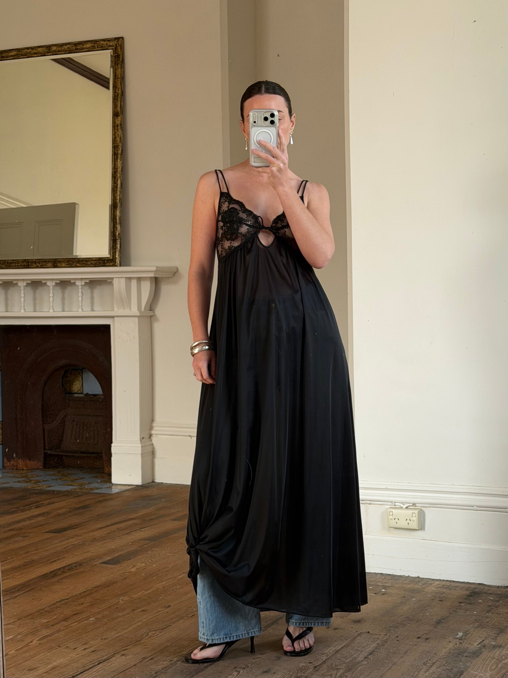 Vintage 80s Sheer Lace Slip Dress Noir