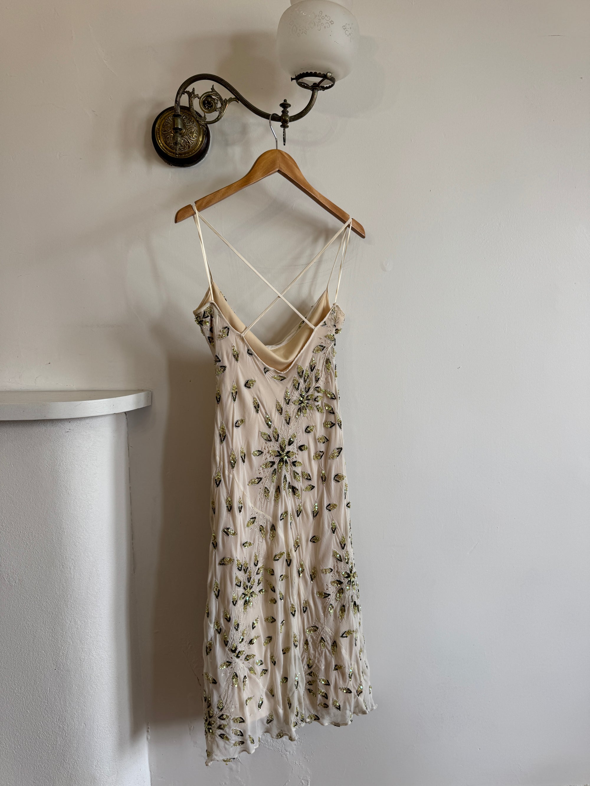 Vintage 90s Pure Silk Sequin Leaf Cowl Neck Dress