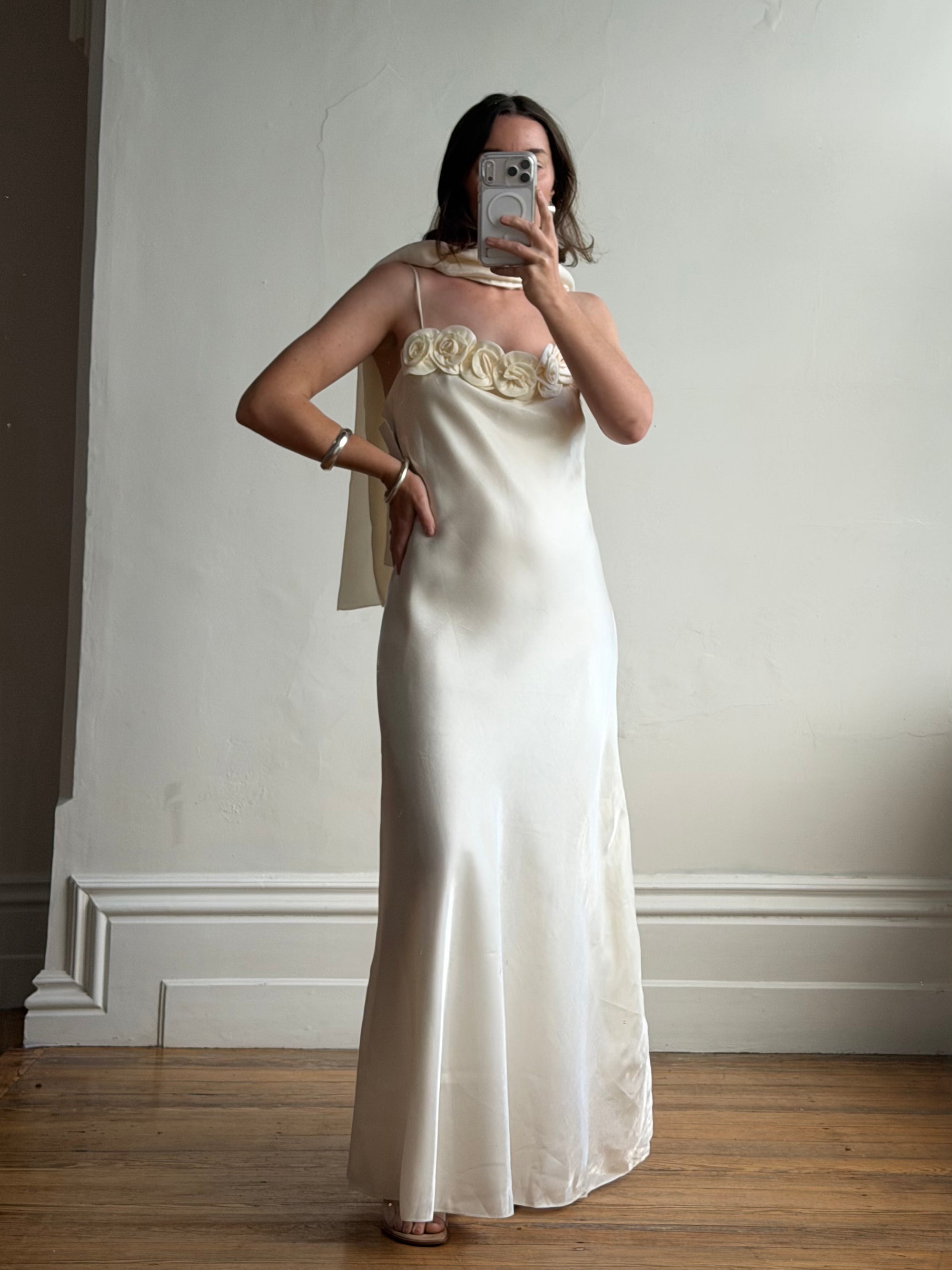Vintage Y2K Rosette Bridal Slip Dress Champagne Satin
