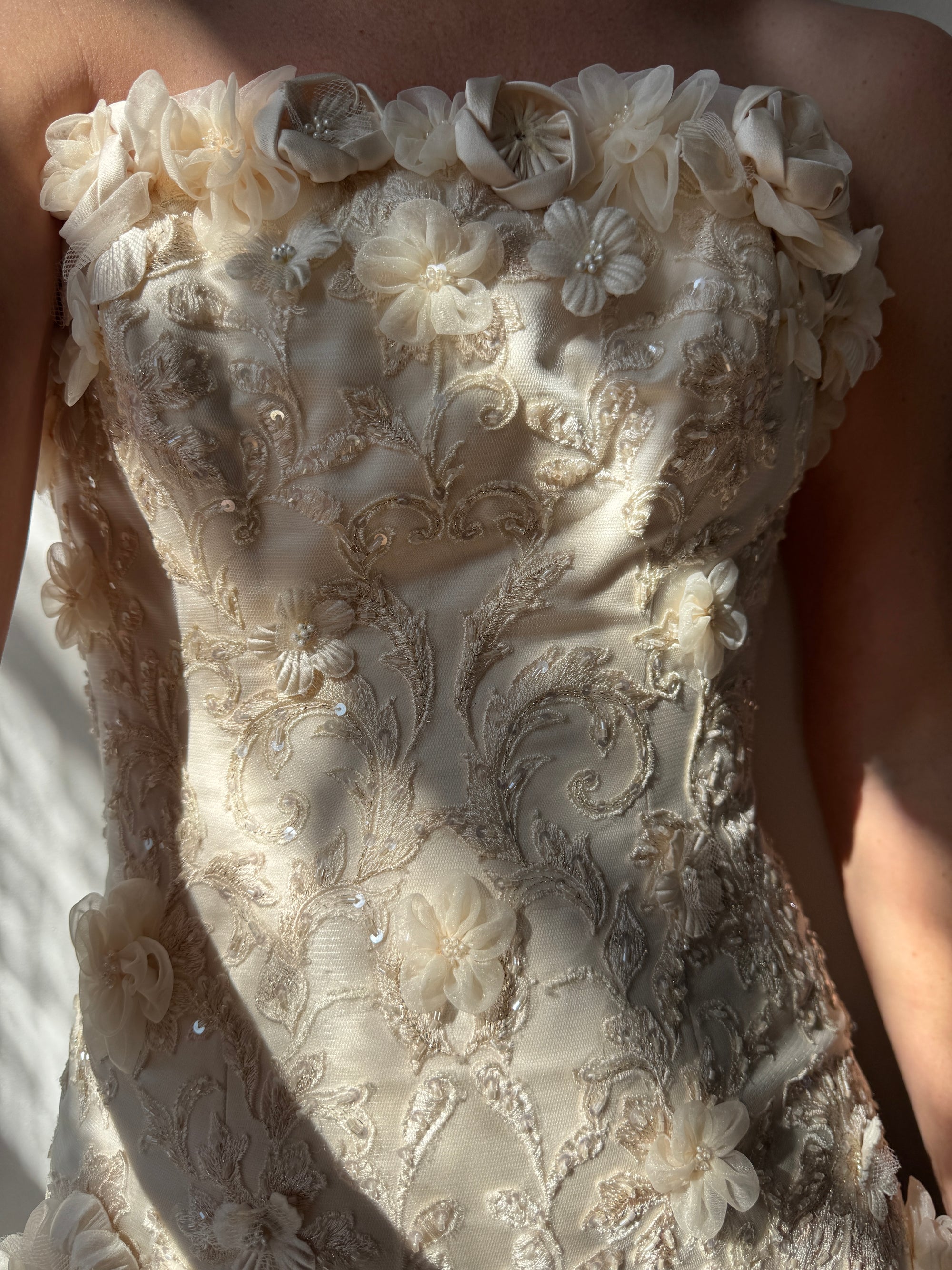 Vintage 90s Haute Couture 3D Floral Strapless Wedding Gown