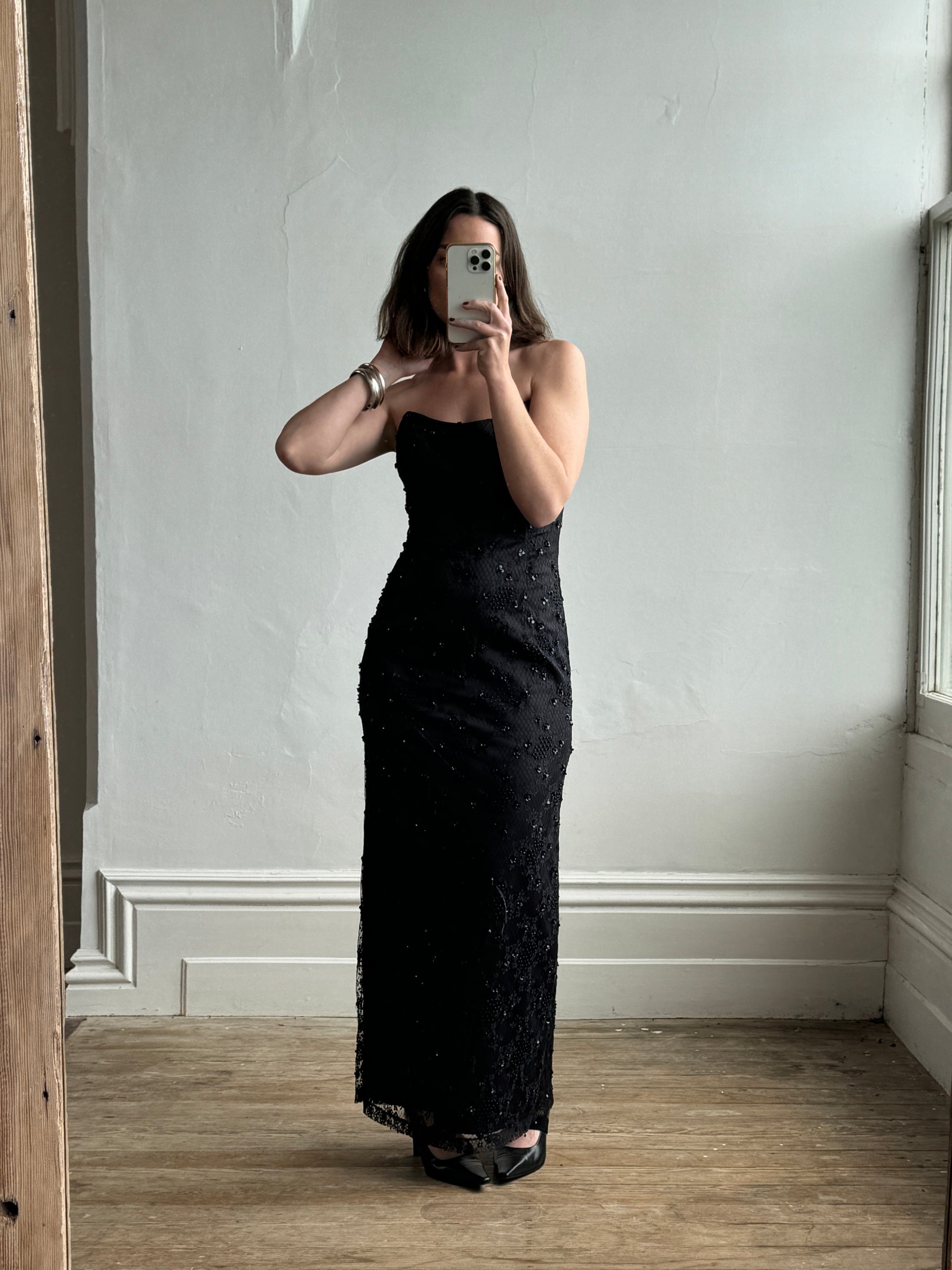 Vintage Australian Made 90s Strapless Beaded Lace Dress