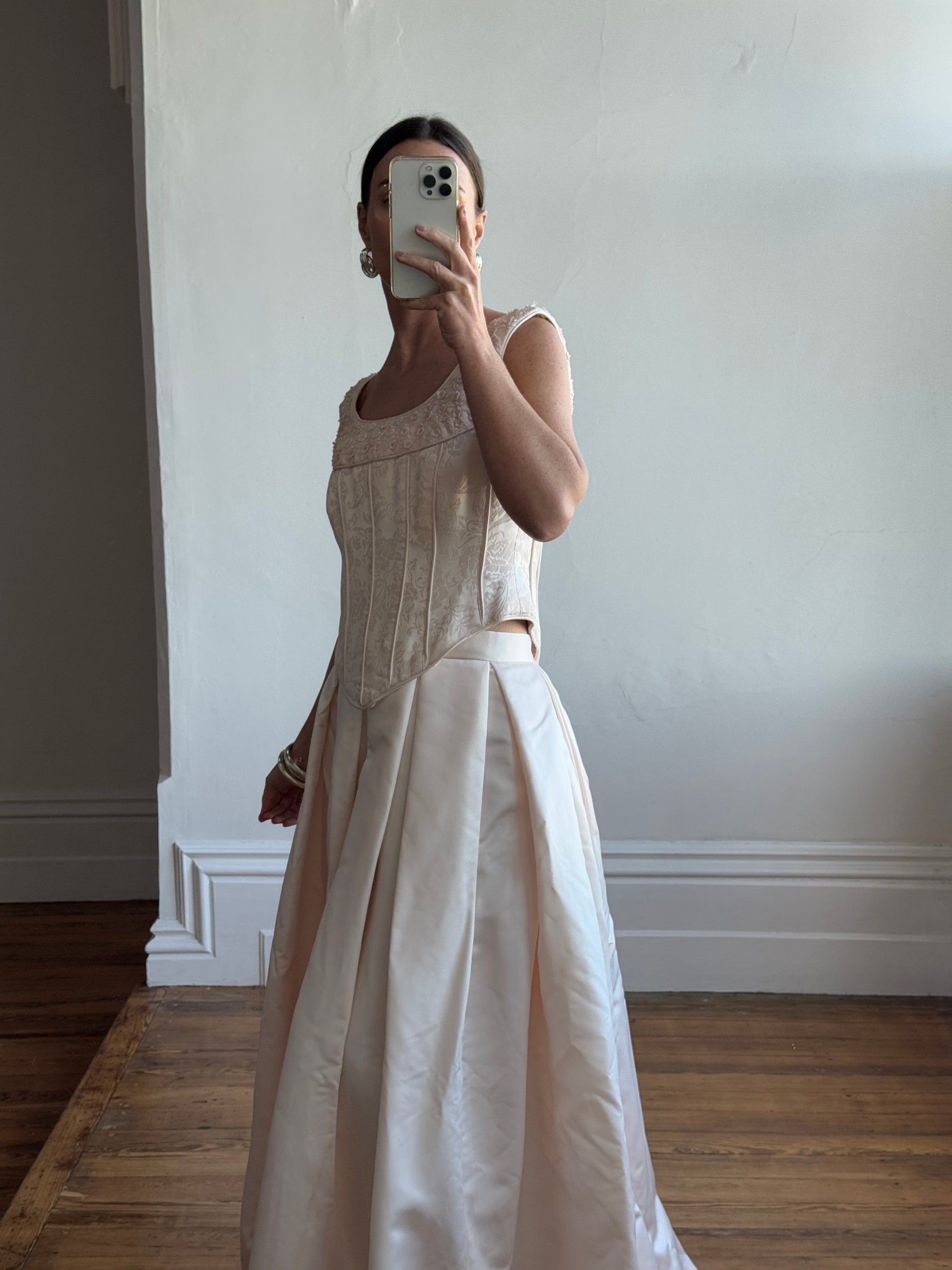 Vintage 90s Pale Pink Beaded Bridal Corset and Satin Princess Skirt Set