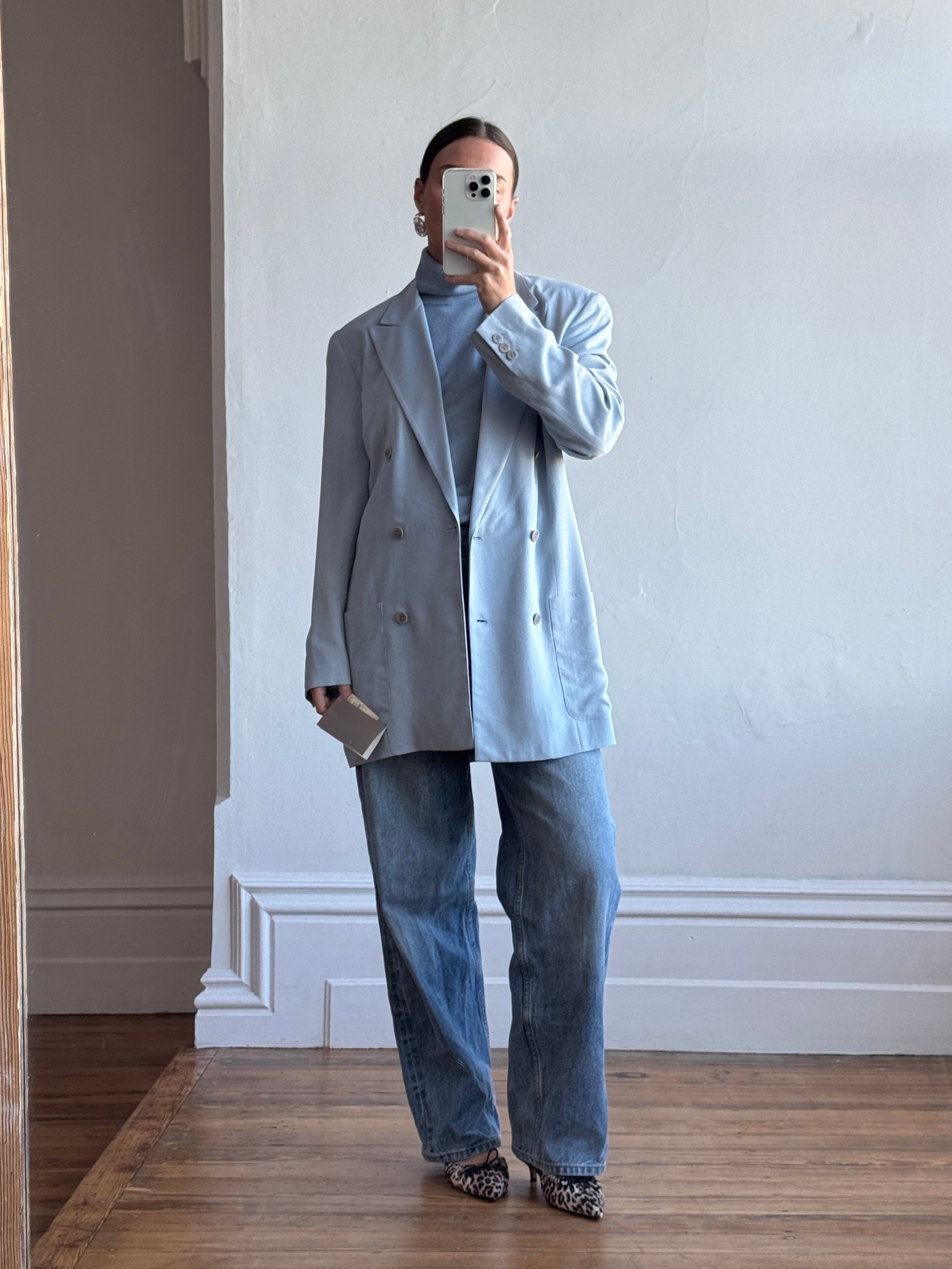 Vintage 90s Calvin Klein Pure Silk Double Breasted Blazer Dusty Blue