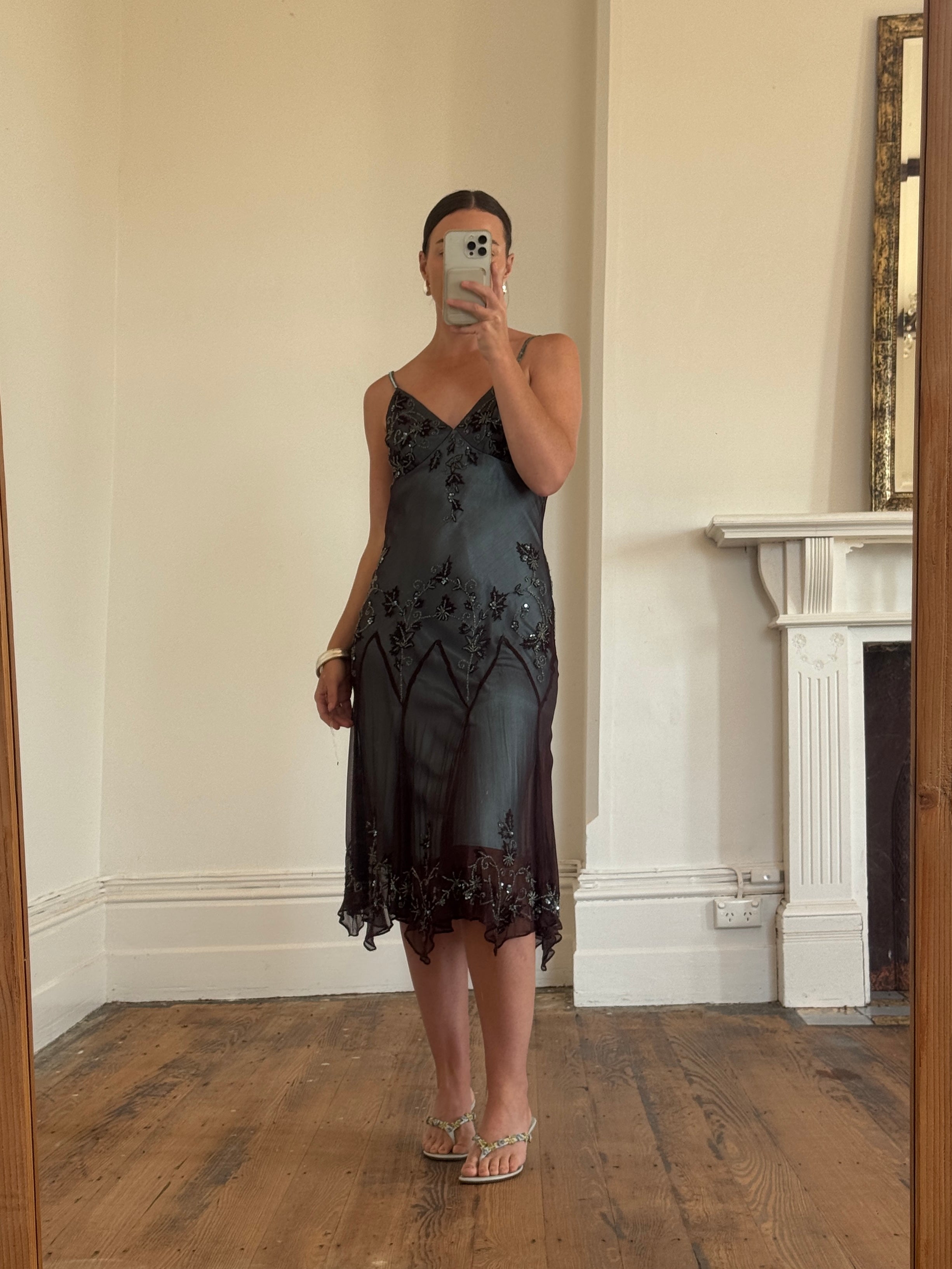 Vintage 90s Indigo Pure Silk Beaded Dress
