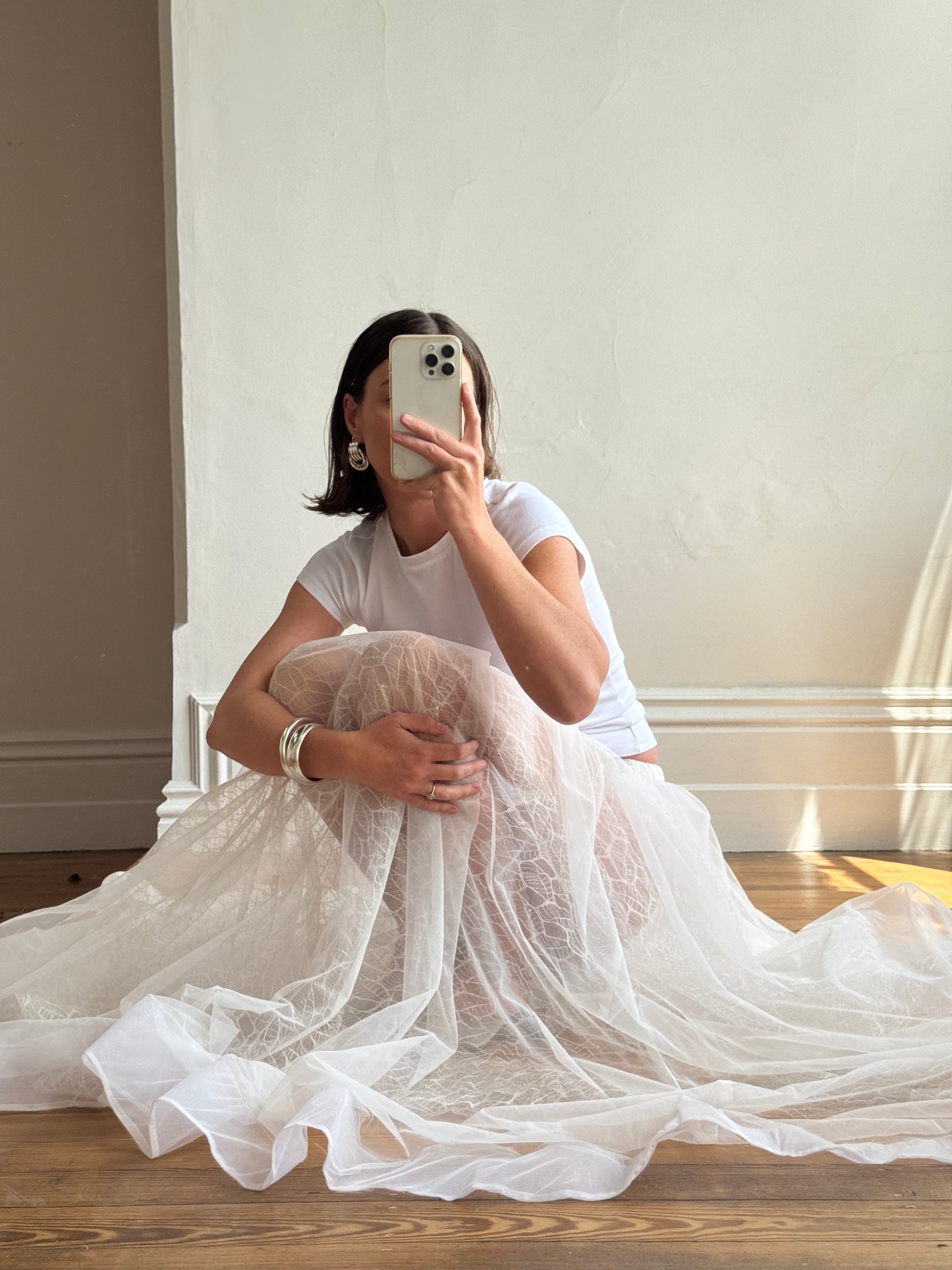 Vintage 80s Sheer Organza Webbed Lace Bridal Skirt