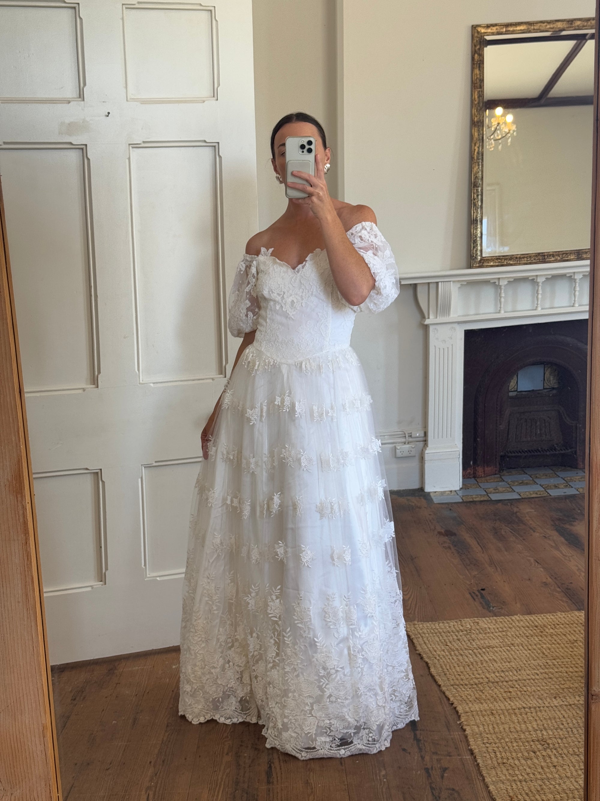 Vintage 80s Lace Off The Shoulder Tulle Wedding Gown