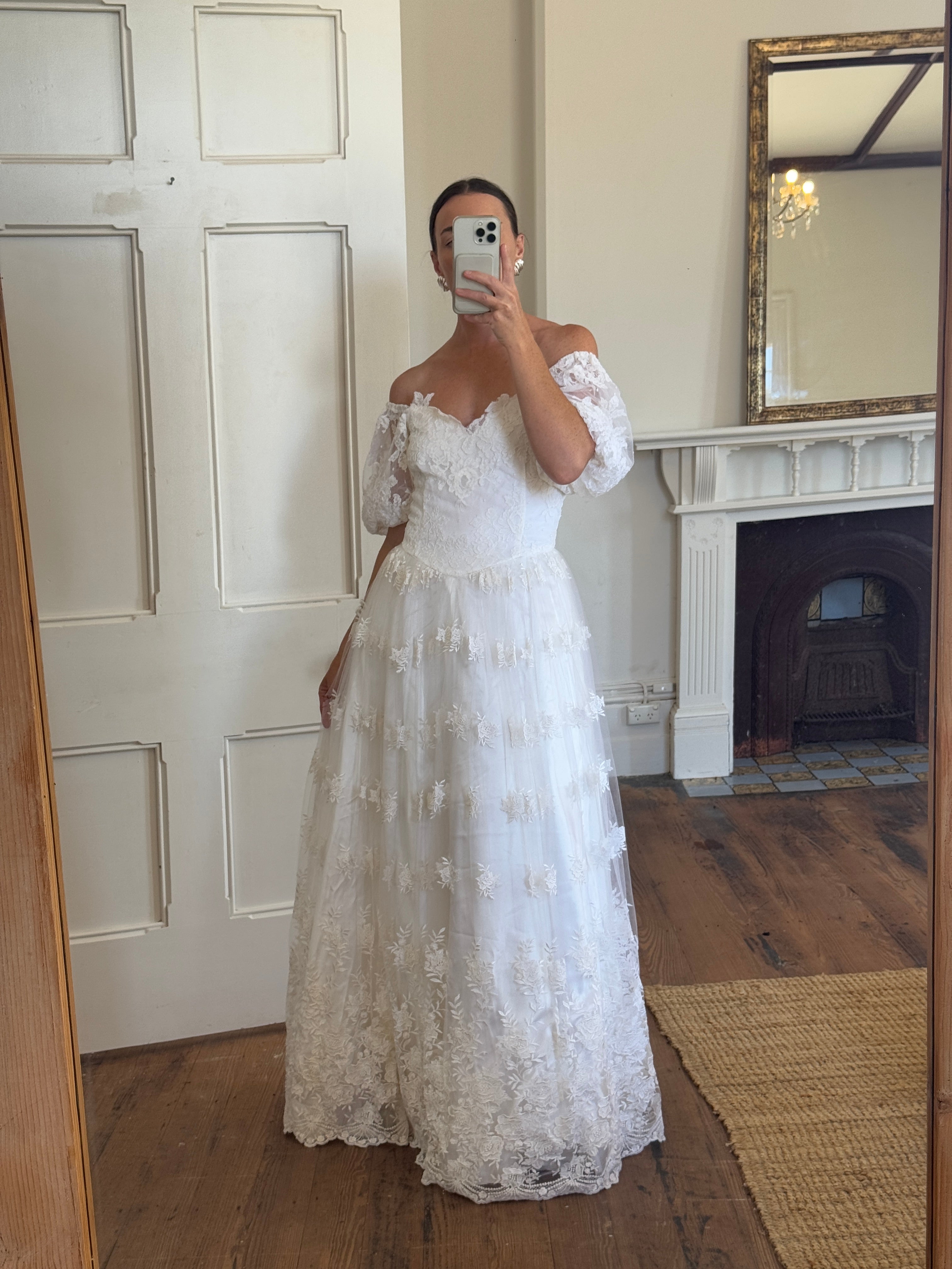 Vintage 80s Lace Off The Shoulder Tulle Wedding Gown