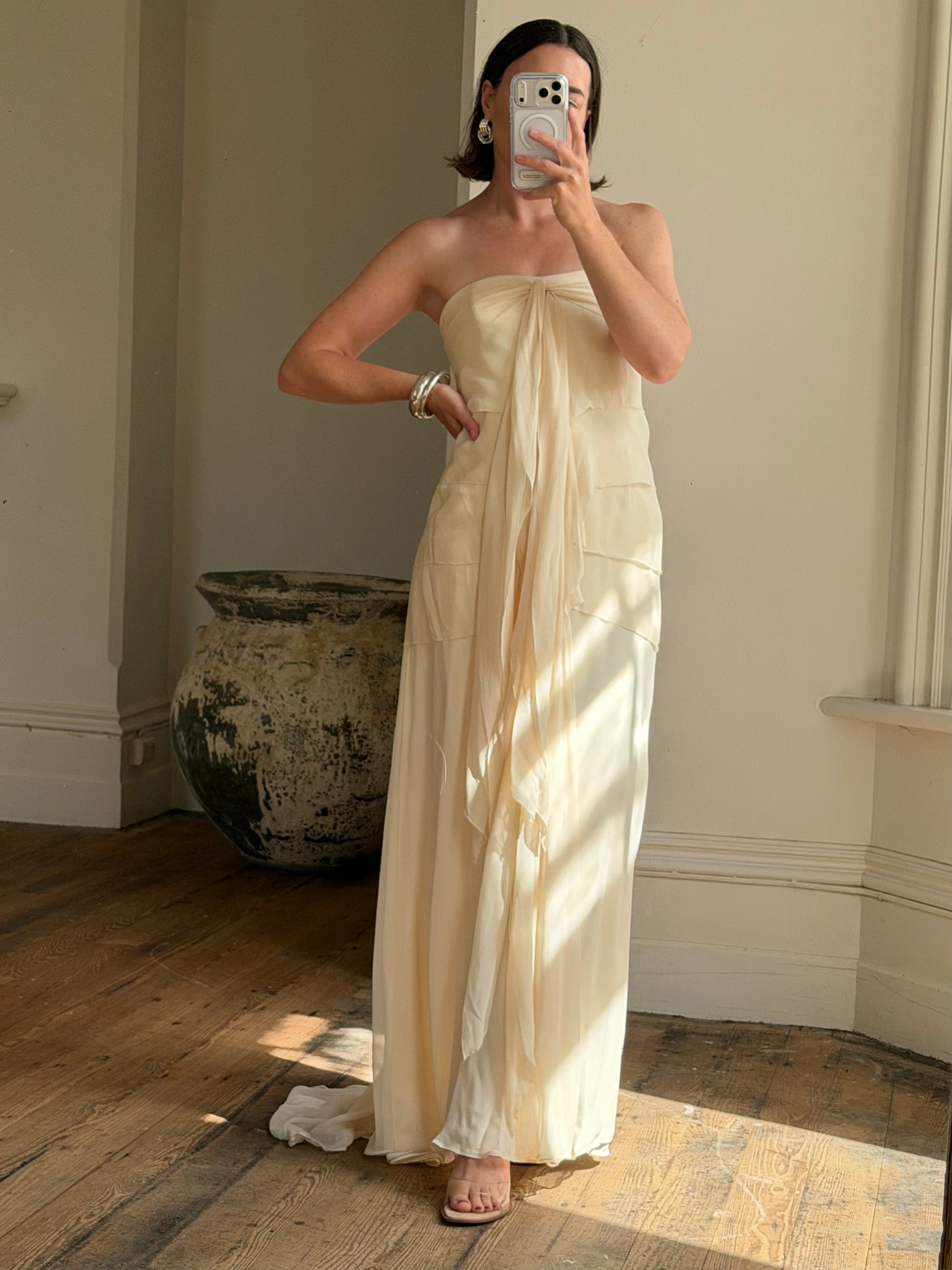 Vintage 90s Pure Silk Waterfall Strapless Bridal Gown