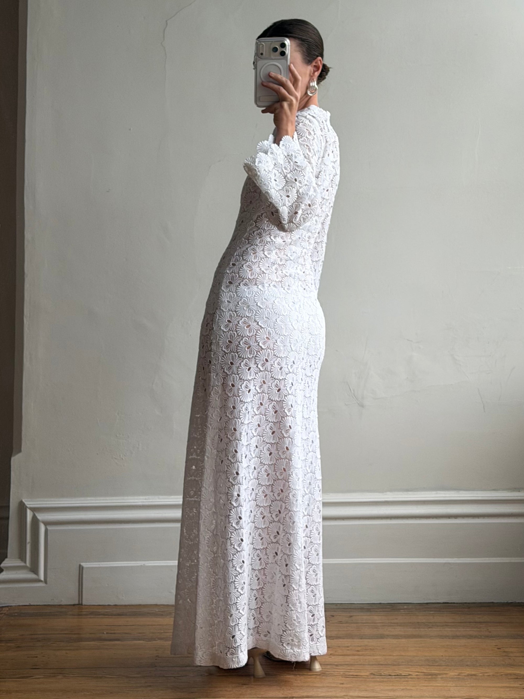 Vintage 60s Crochet Lace Long Sleeved Wedding Gown