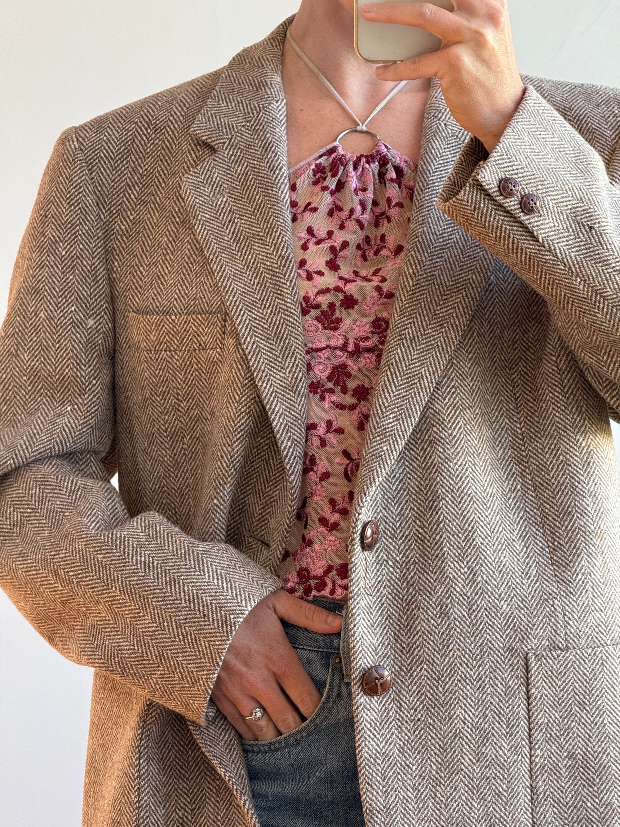 Vintage 60s Wool Plaid Blazer Brown Herringbone