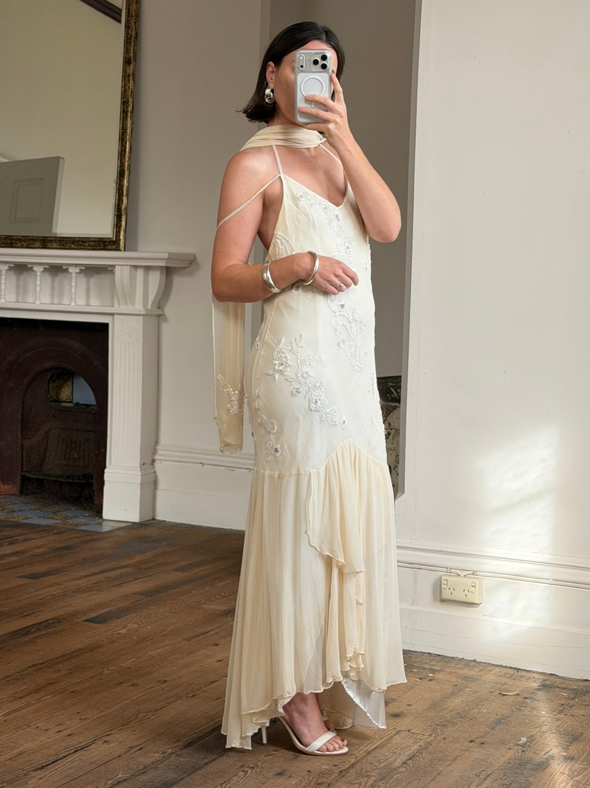 Vintage 90s Pure Silk Embellished Midi Dress With Scarf Creme