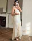 Vintage 90s Pure Silk Embellished Midi Dress With Scarf Creme