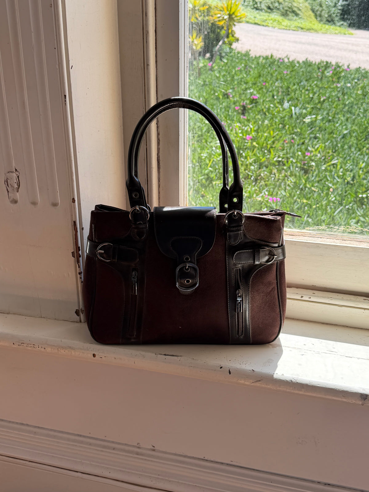 Vintage 90s Chocolate Suede Leather Buckle Handbag