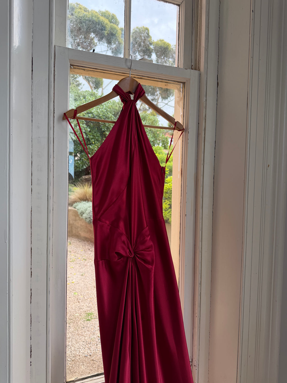 Vintage 90s Crimson Satin Ruched Bias Gown