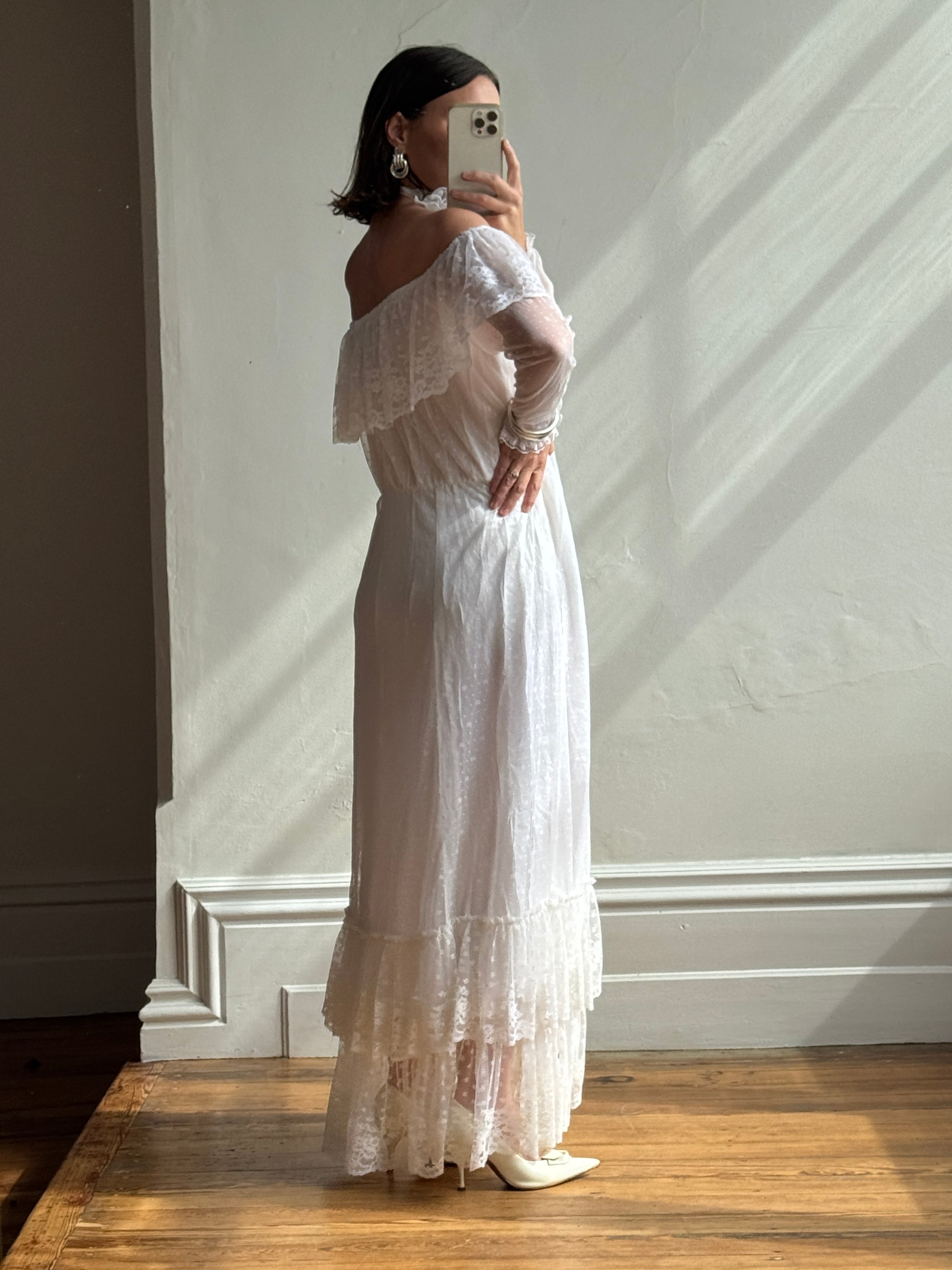 Vintage 70s Australian Made Off Lace Frill Wedding Gown