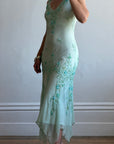 Vintage 90s Pure Silk Aquamarine Fairy Beaded Dress