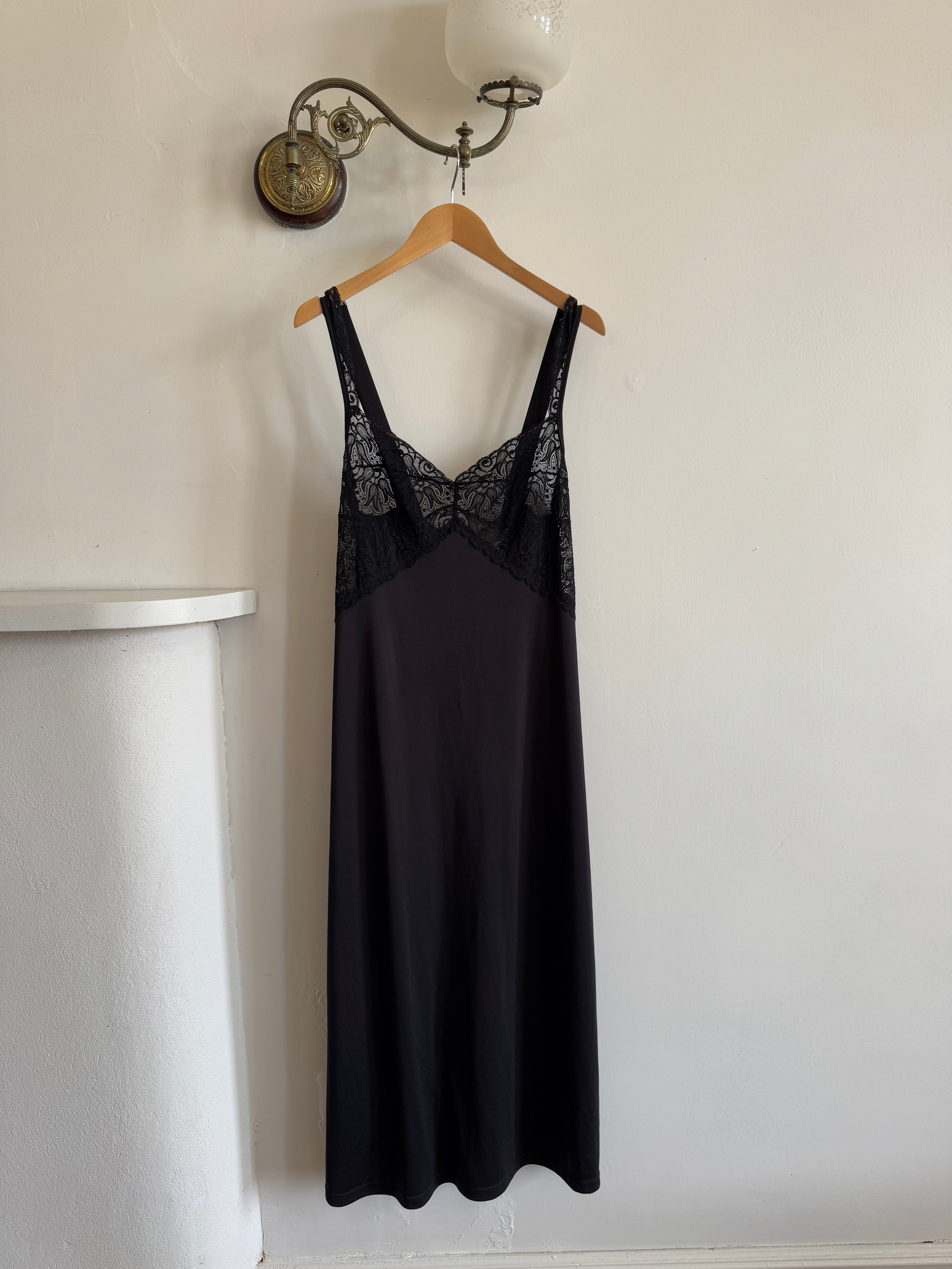Vintage 80s Black Jersey Lace Slip Midi