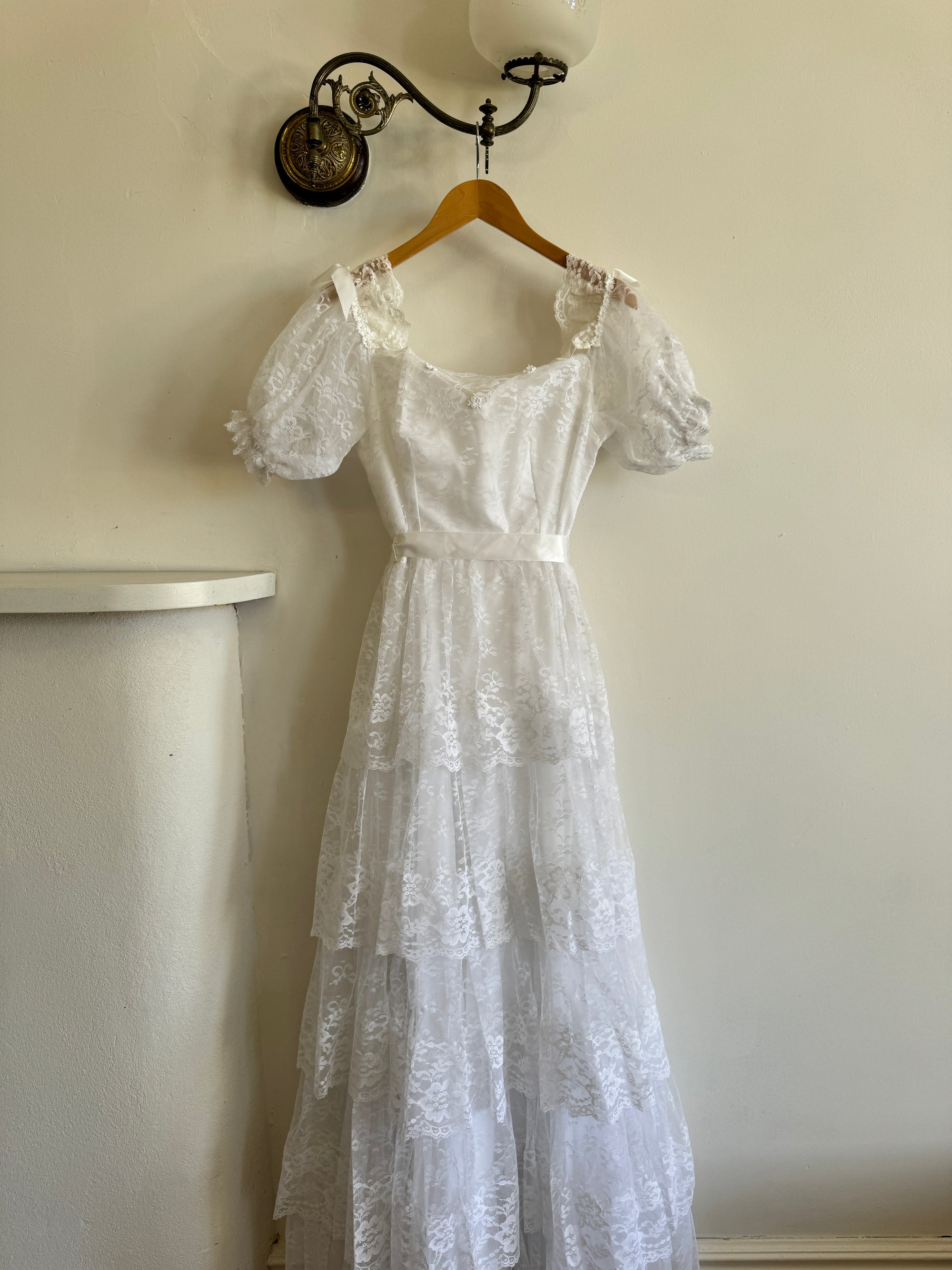 Vintage 70s Tiered Lace Wedding Dress With Ribbon