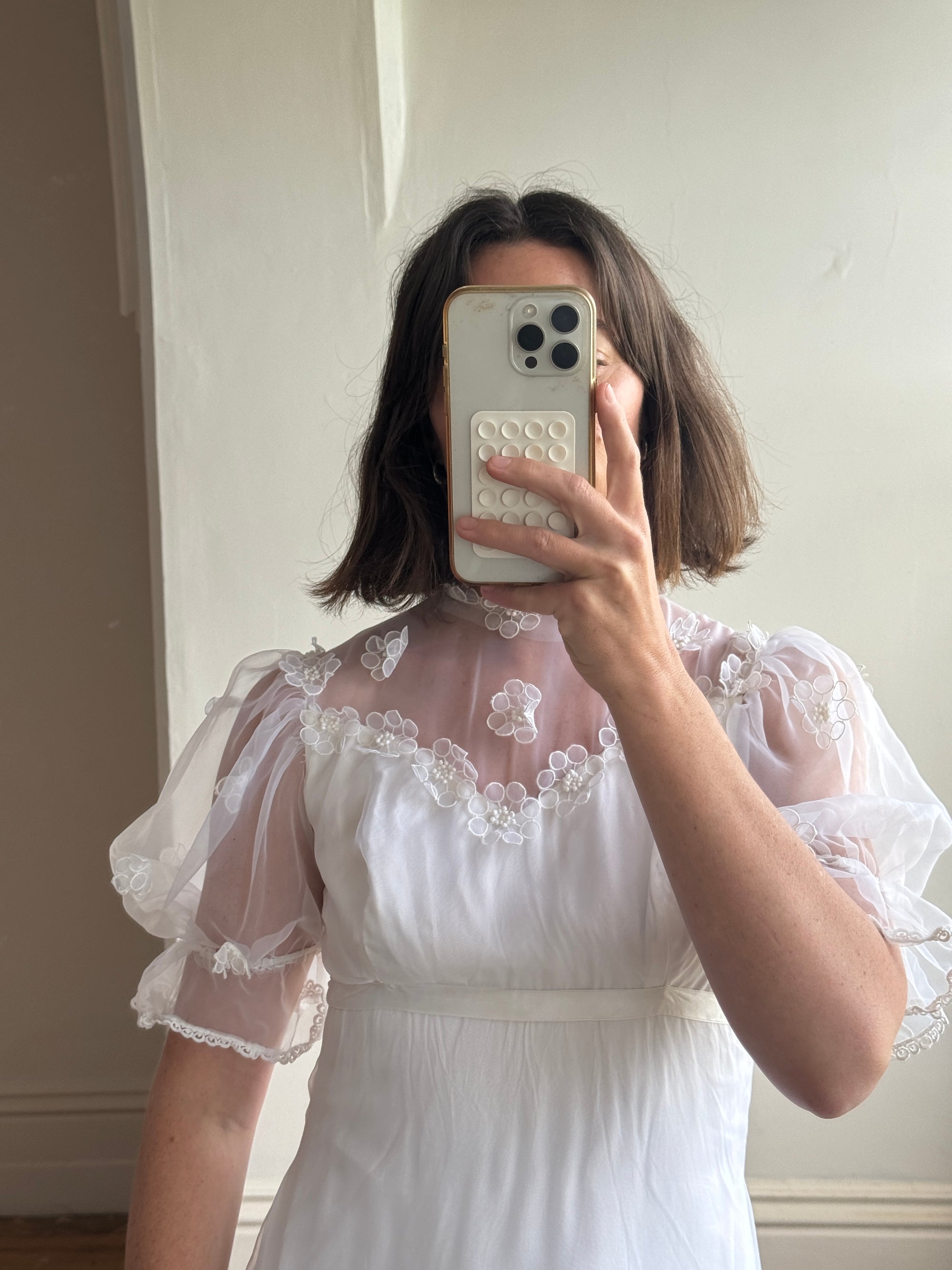 Vintage 60s Empire Organza Floral Wedding Dress
