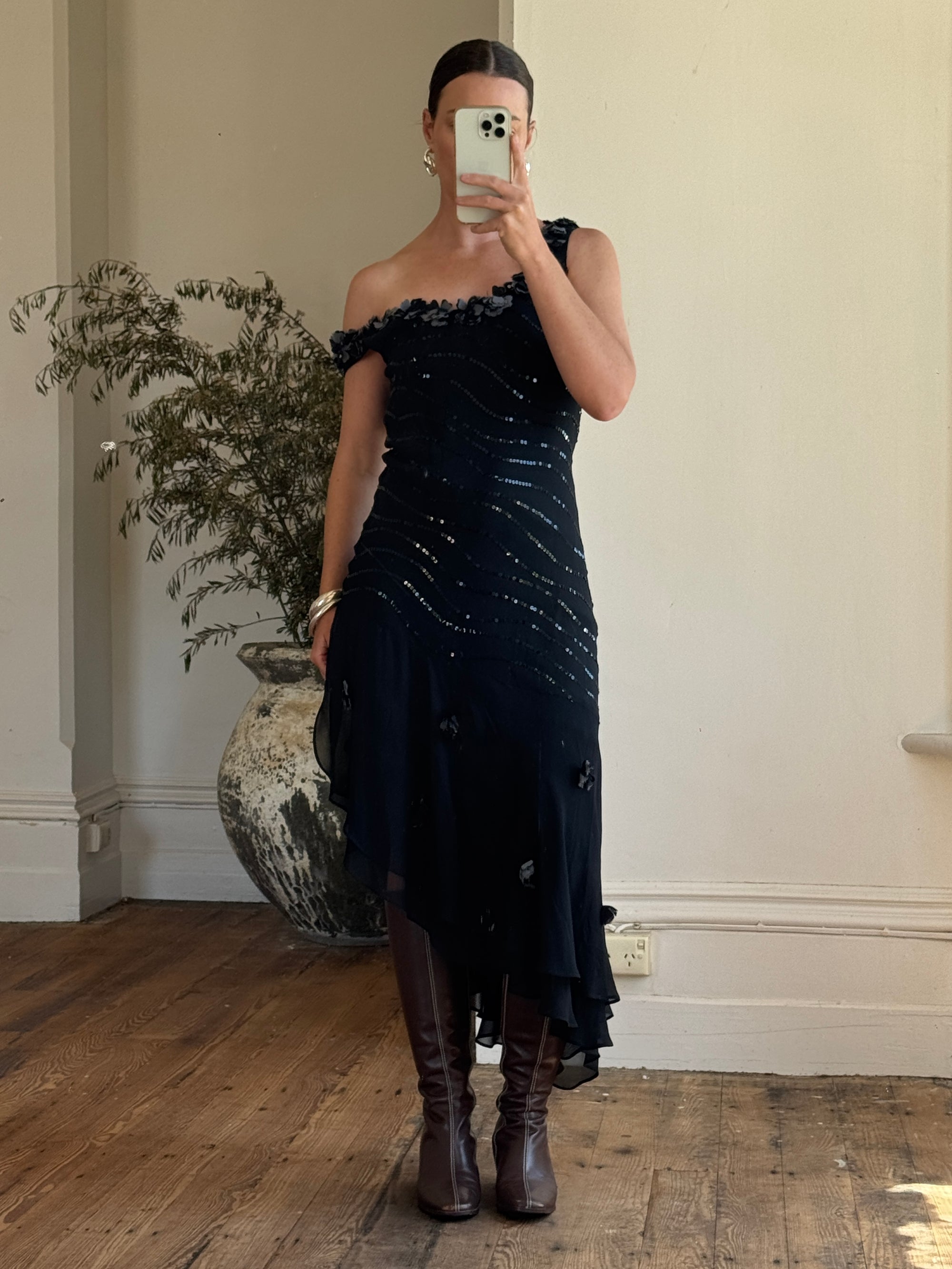 Vintage Y2K Pure Silk Sequin Fairy Dress Noir