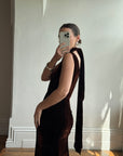 Vintage 30s Brown Velvet Bias Cut Dress With Rosette tie