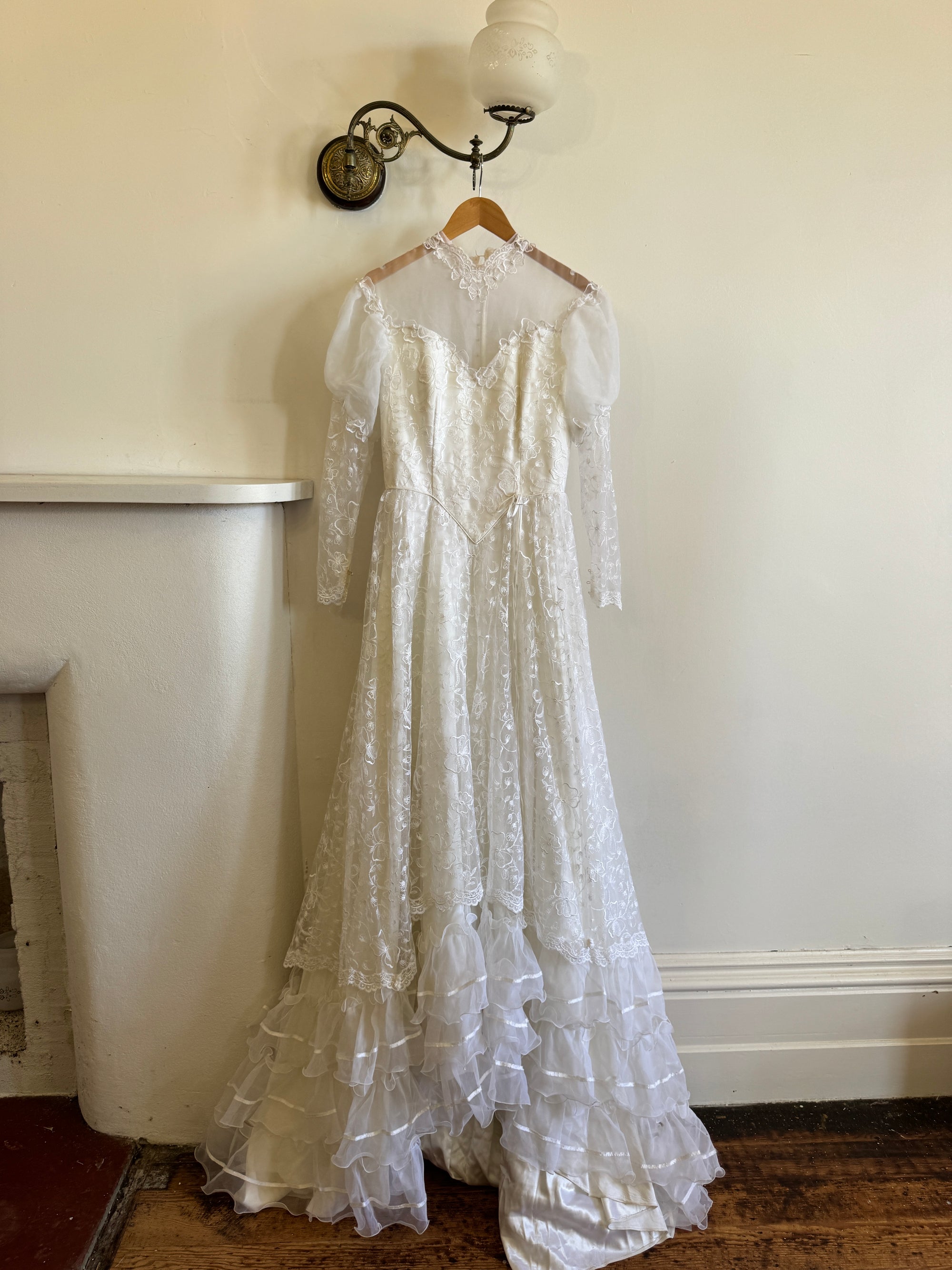 Vintage 70s Puff Sleeve Organza Ruffle Wedding Gown