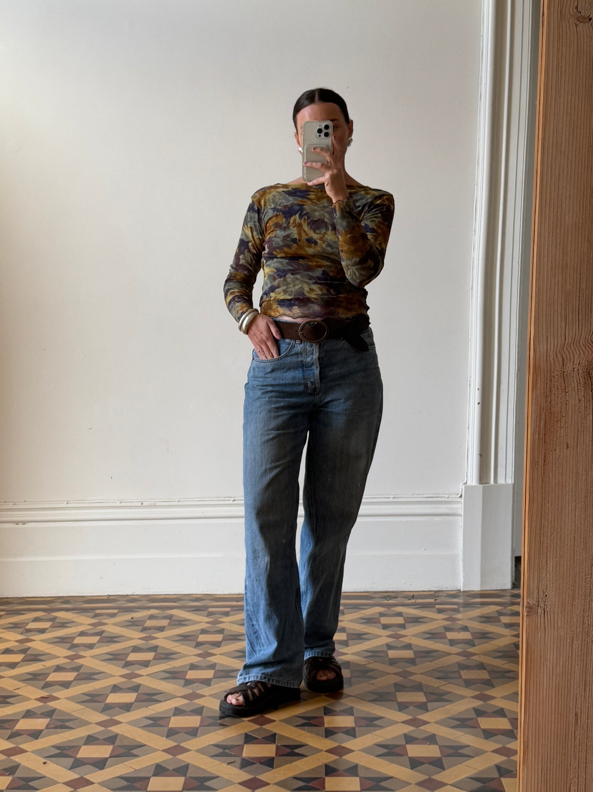 Vintage 90s Floral Mesh Top Navy Gold