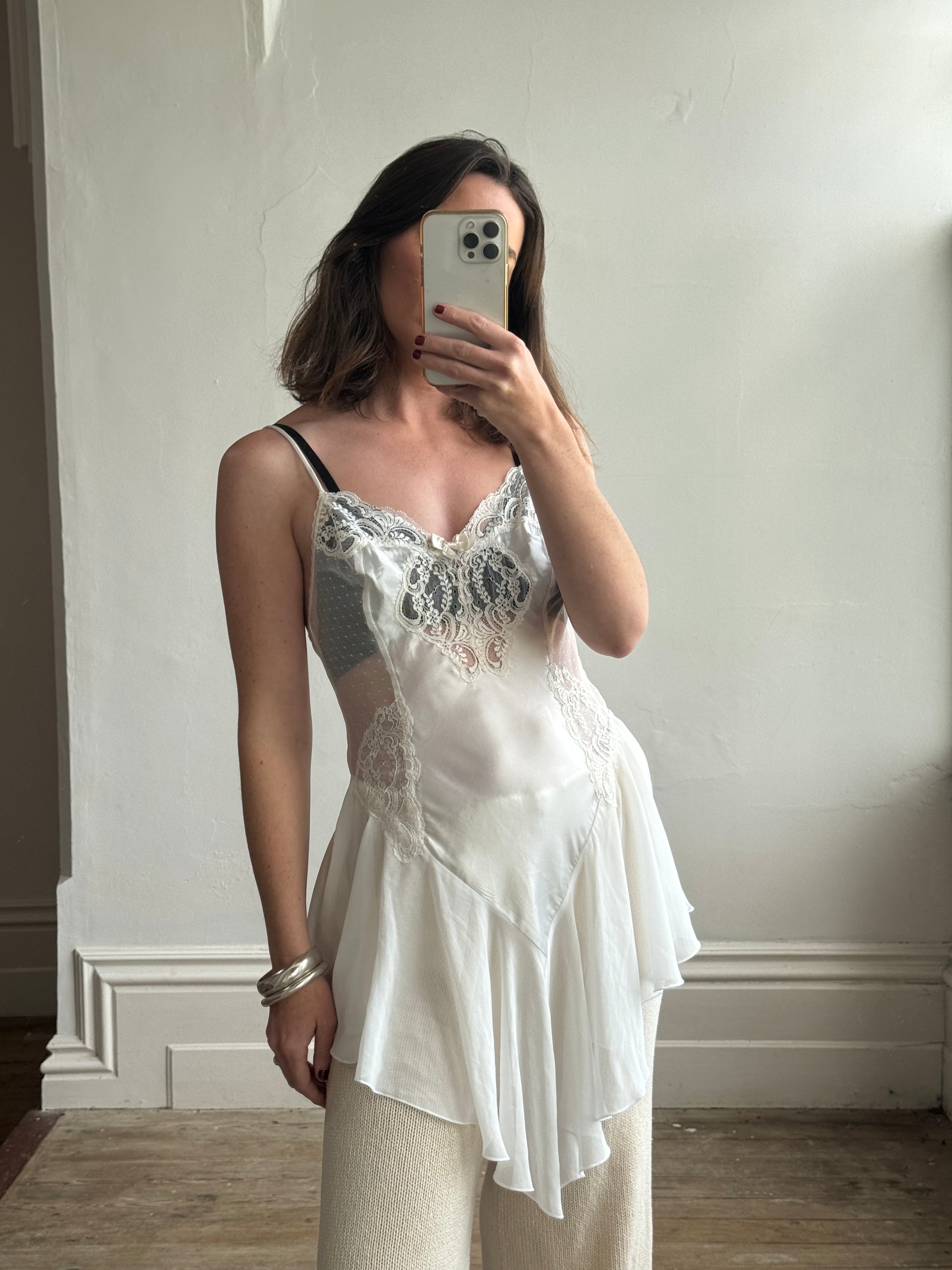 Vintage Asymmetrical Lace Panelled Satin Slip Mini White