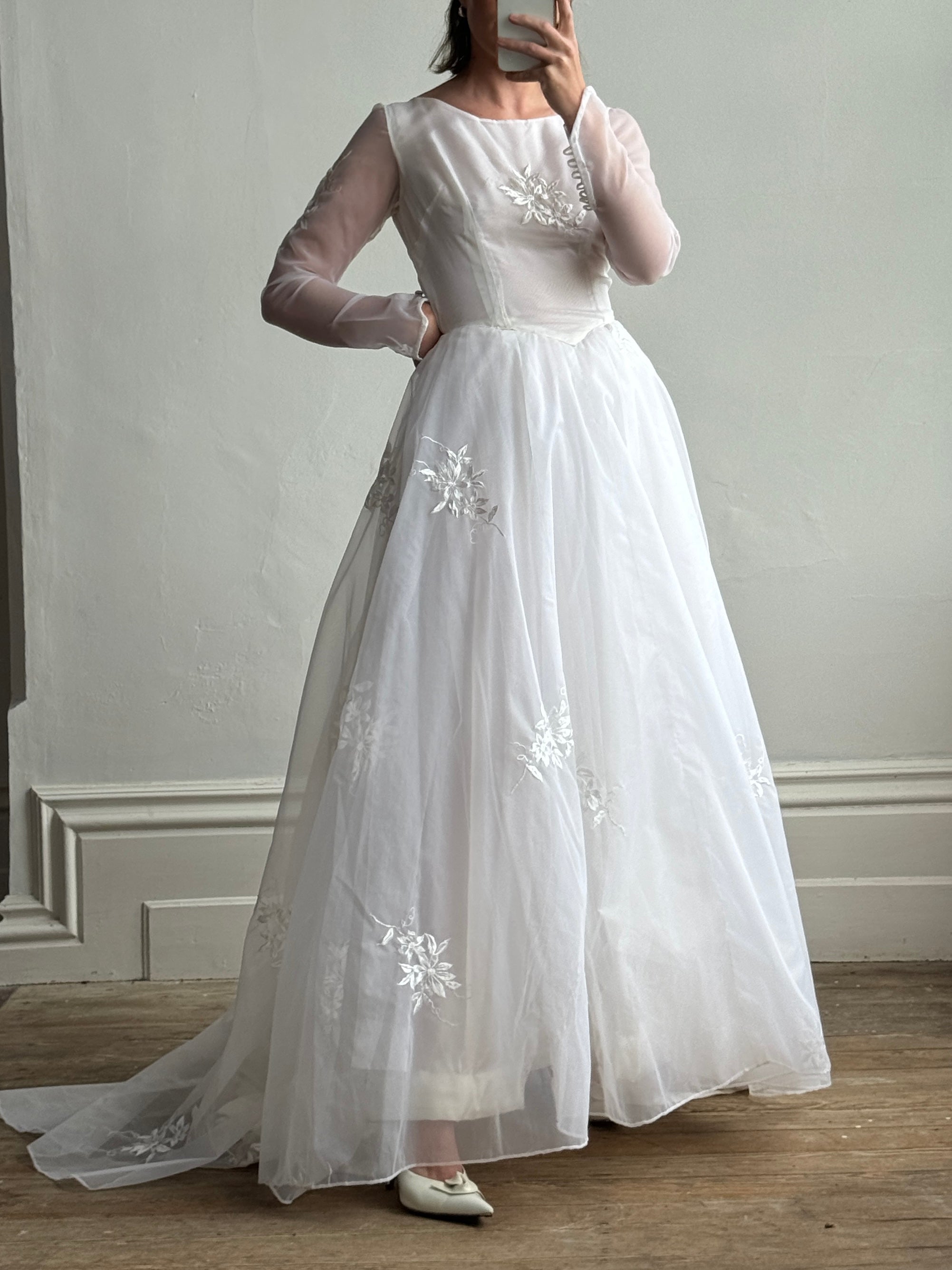 Vintage 50s Basque Waist Sheer Floral Wedding Dress