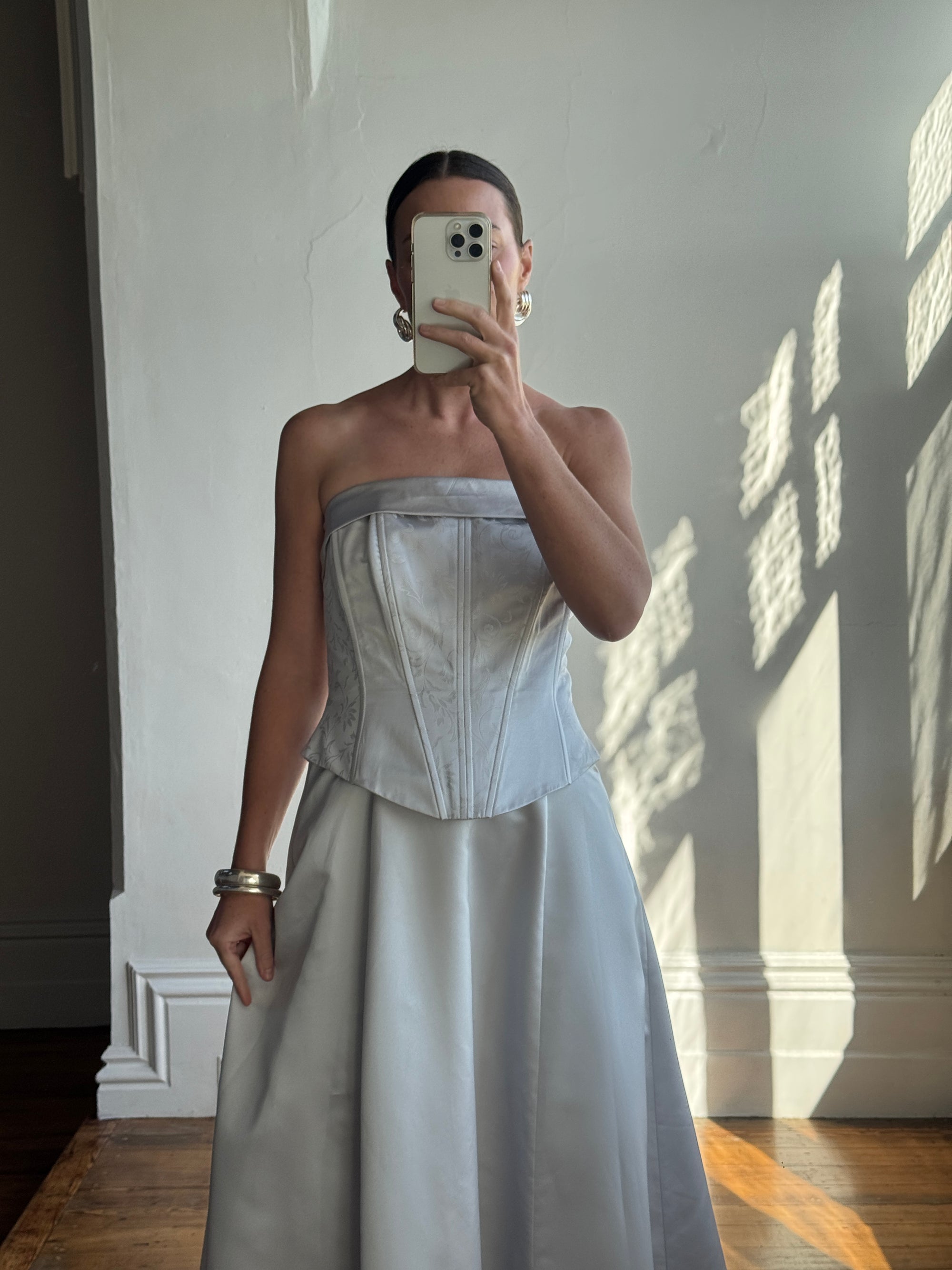 Vintage 90s Jacquard Corset Satin Dress Ice Blue