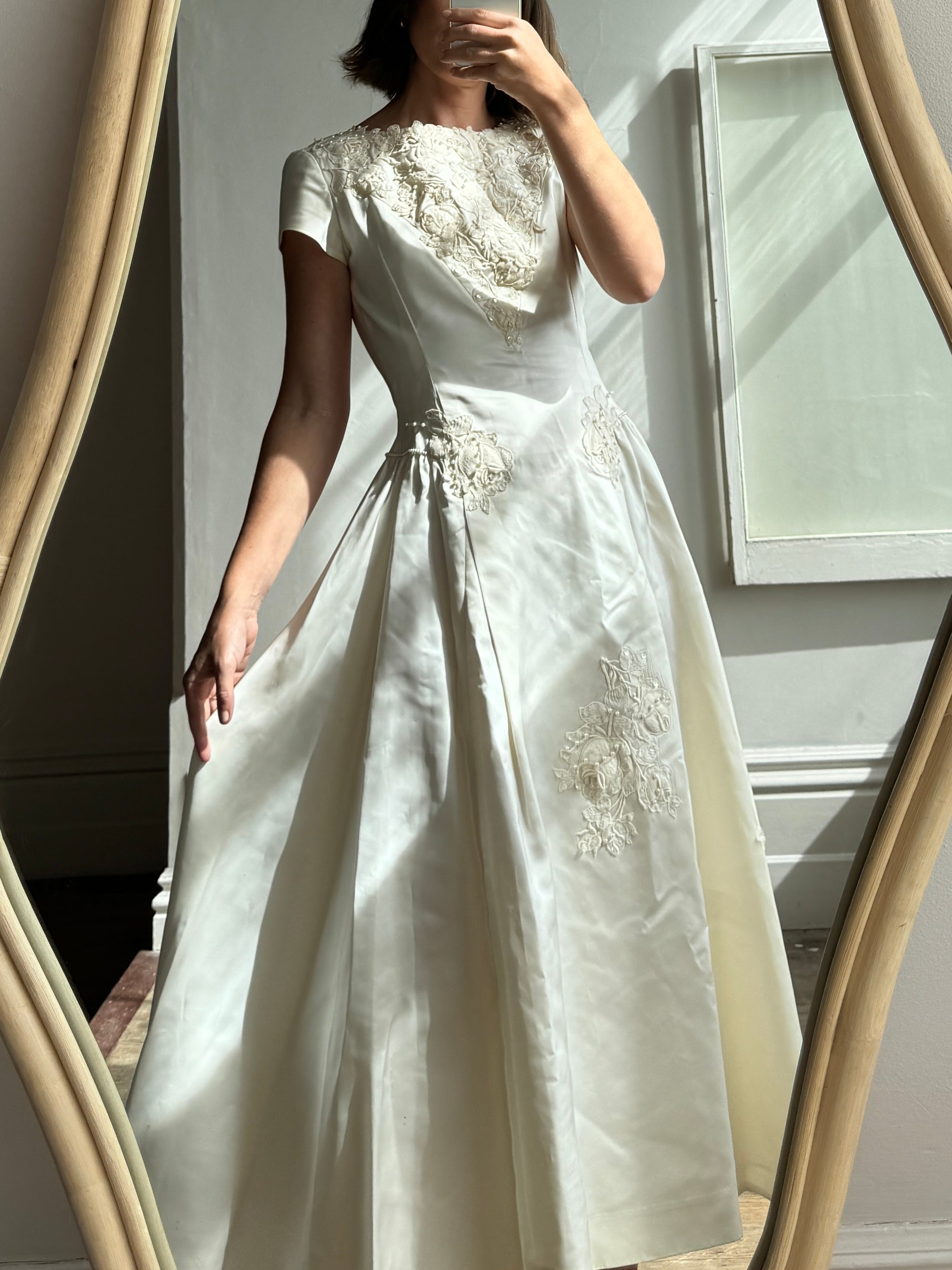 Vintage 30s Satin Wedding Dress with Applique Pearl and Lace
