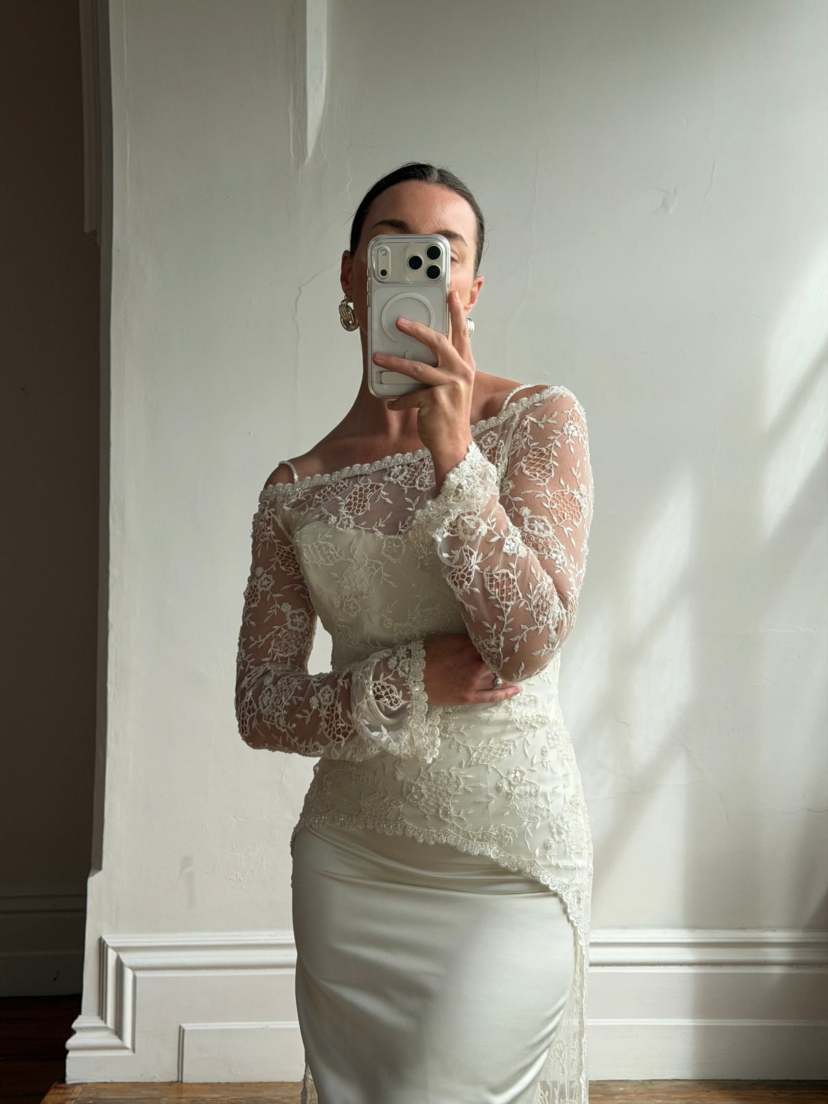 Vintage 90s Italian Beaded Lace and Satin Wedding Gown