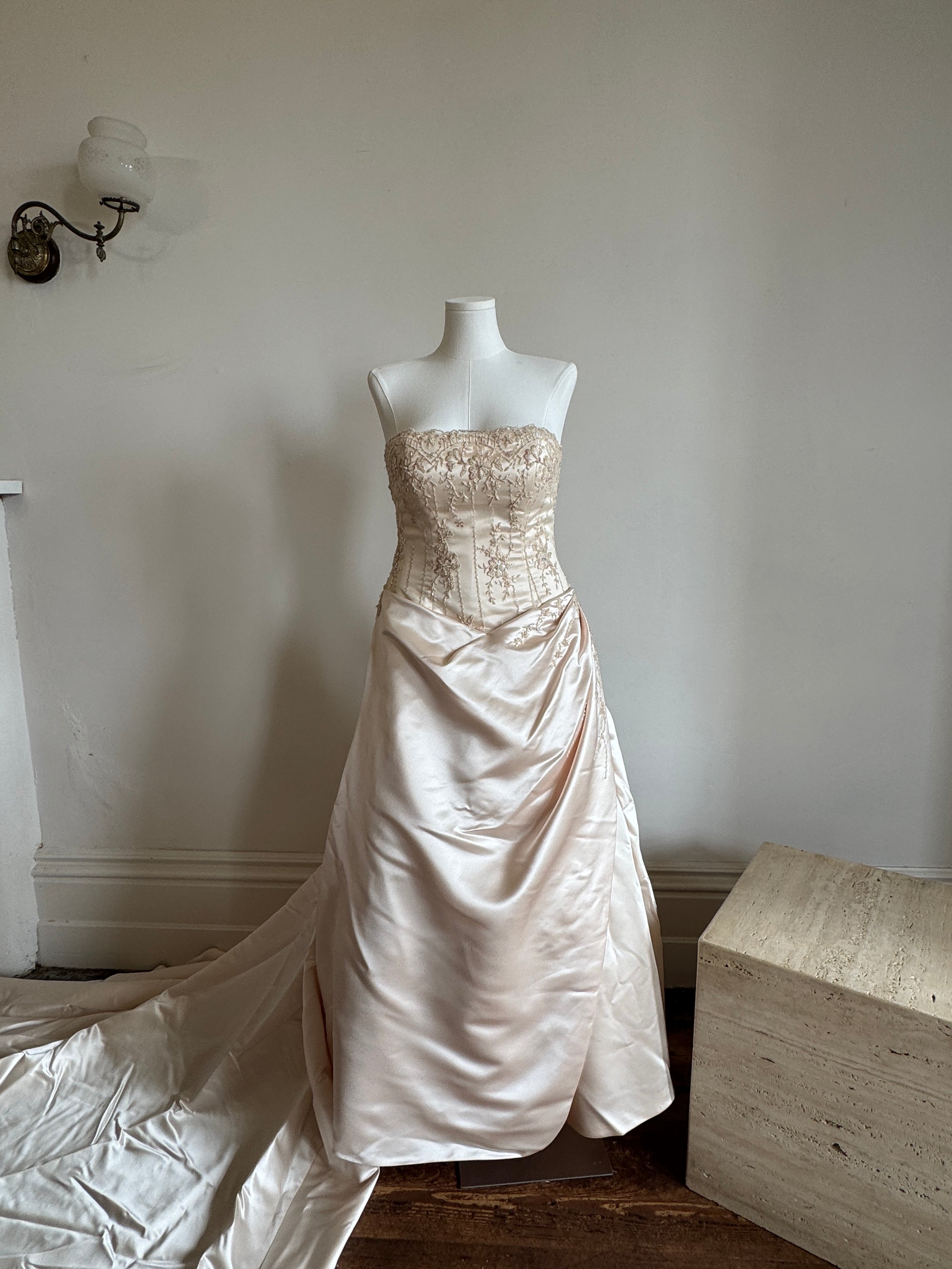 Vintage 90s Rose Crystal Encrusted Strapless Wedding Gown