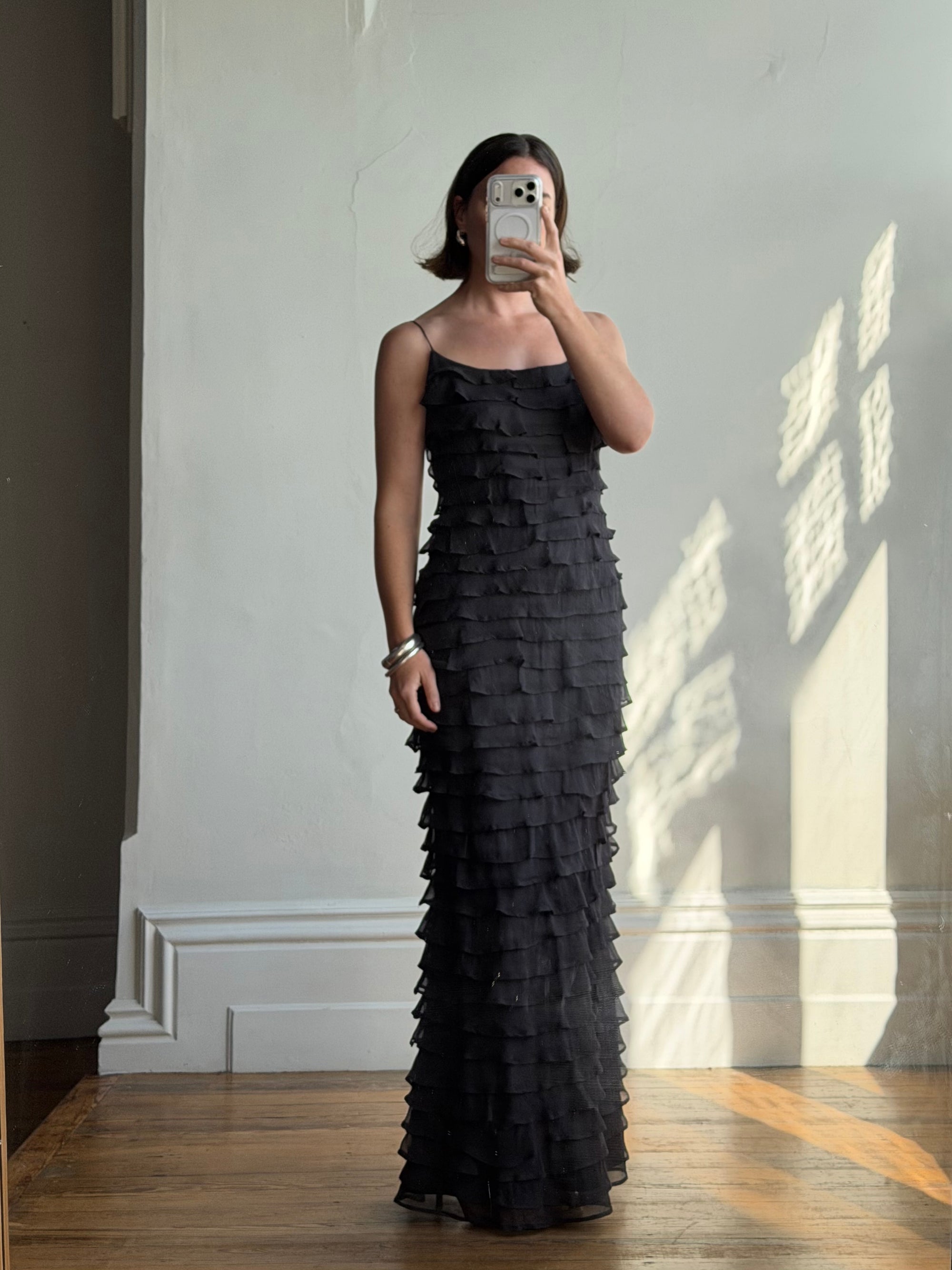 Vintage 90s Pure Silk Tiered Ruffle Dress Navy