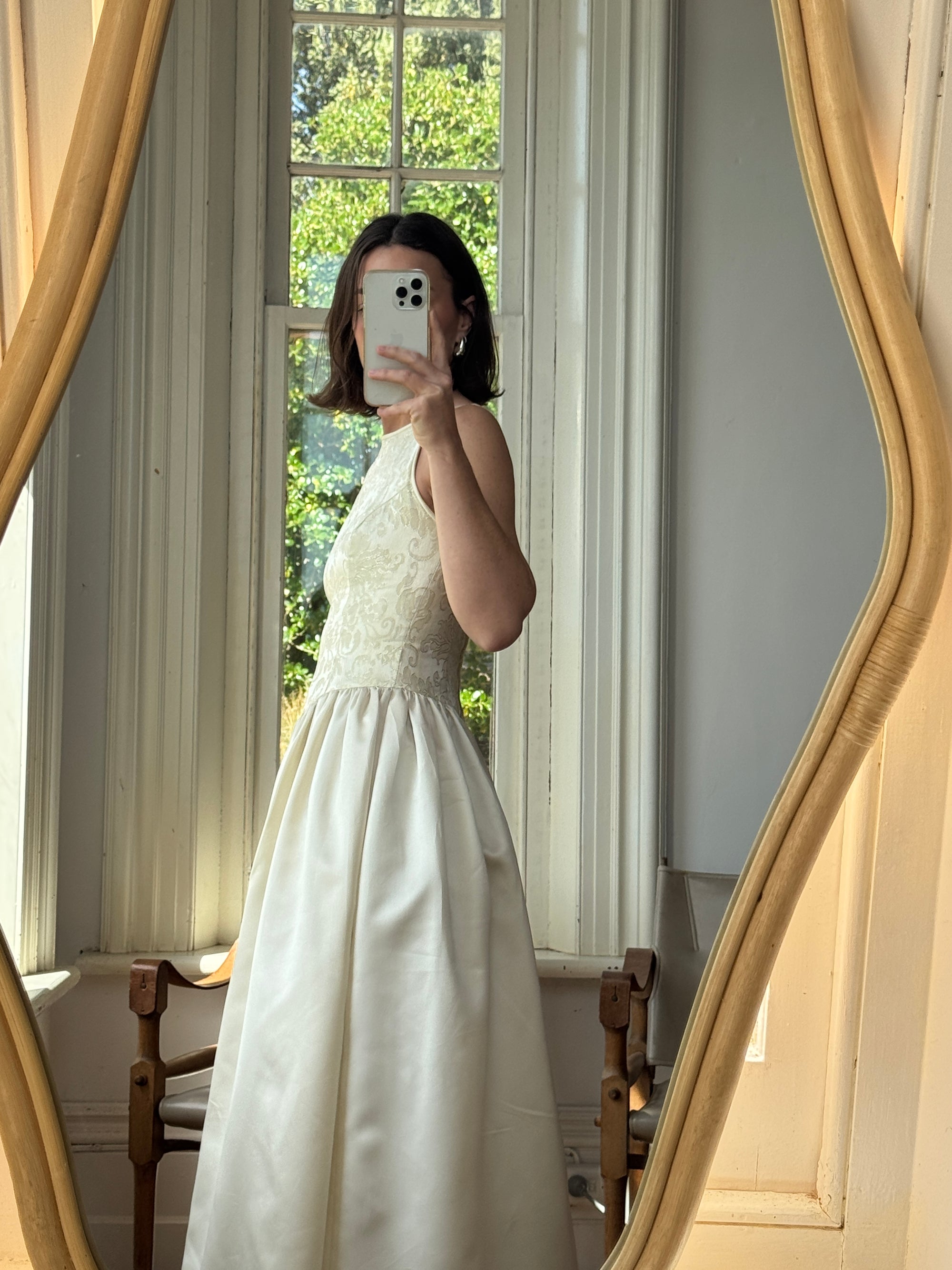 Vintage 90s Brocade High Front Satin Wedding Gown Champagne