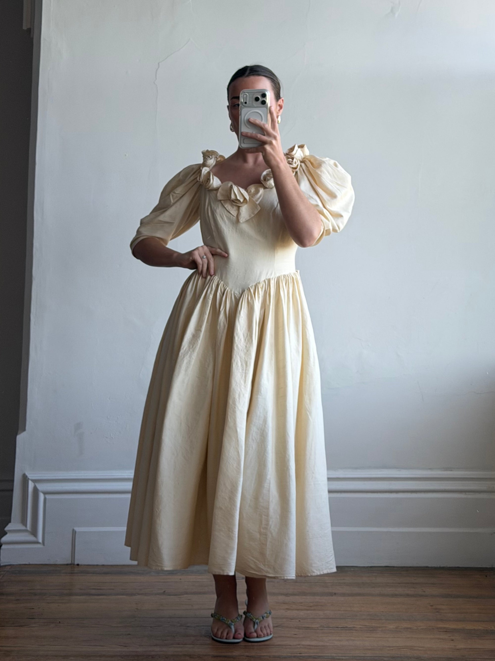 Vintage 90s Silk Dupion Rosette Bridal Midi Gown