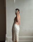 Vintage 90s Pure Silk Silver Beaded Tinsel Dress Ivory