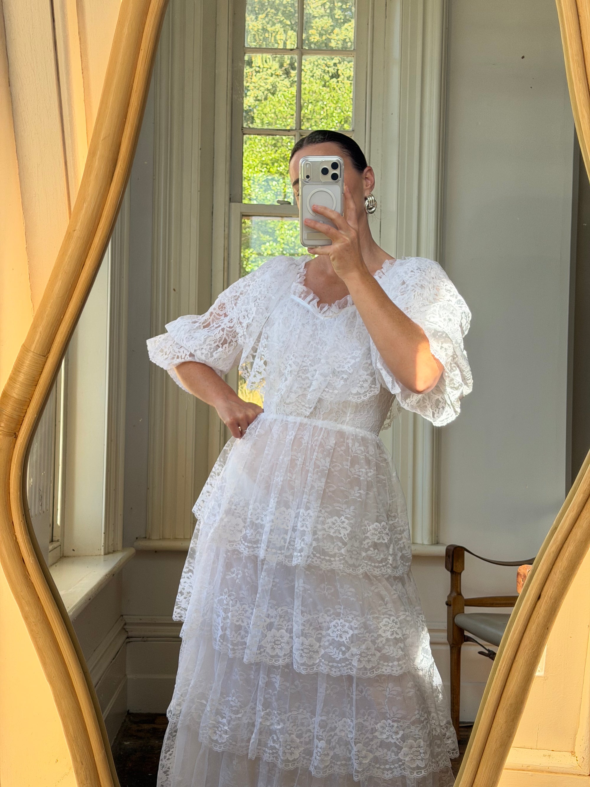 Vintage 70s Tiered Lace Wedding Dress Crisp White