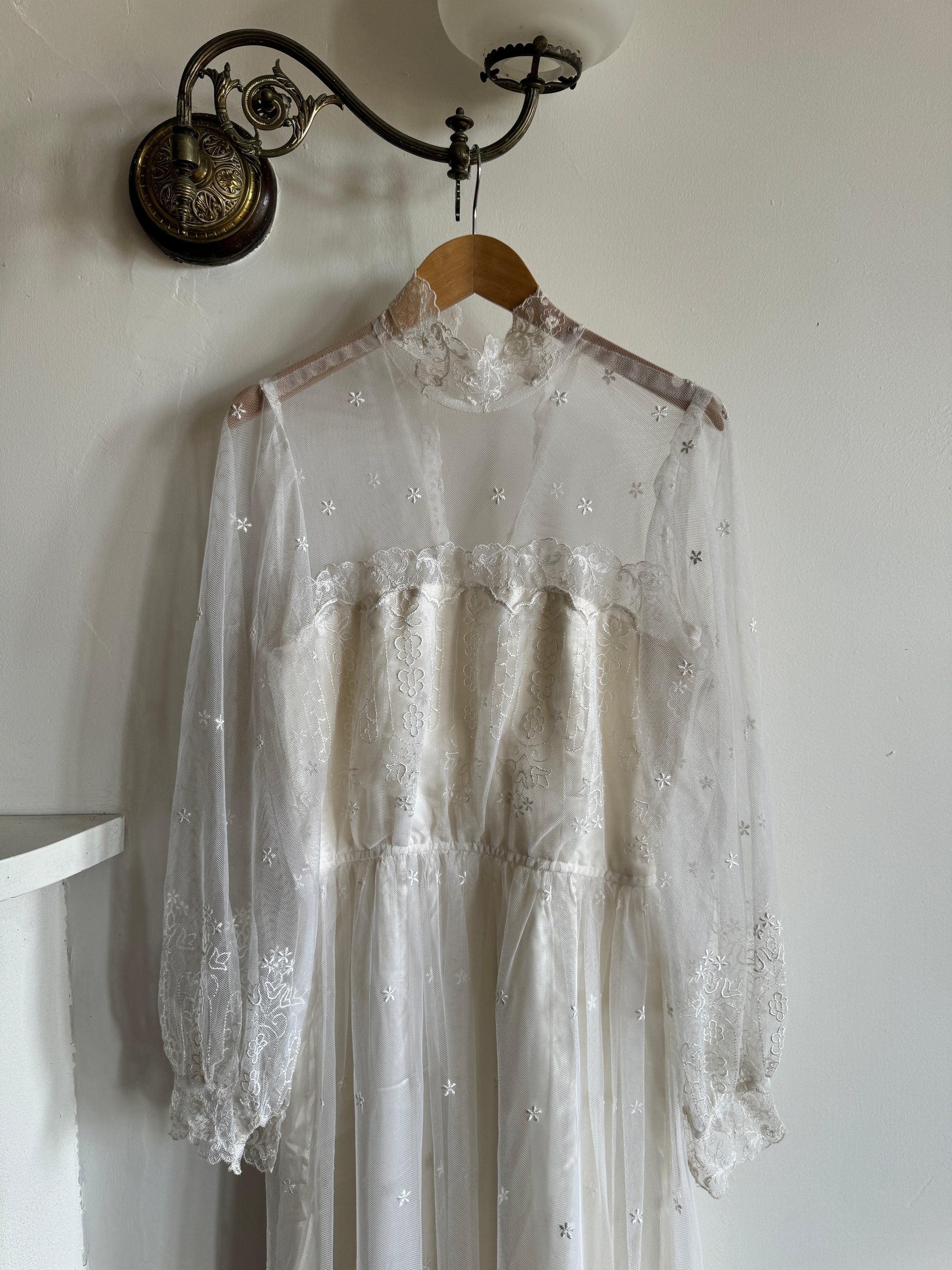 Vintage 70s High Neck Embroidered Long Sleeve Wedding Dress
