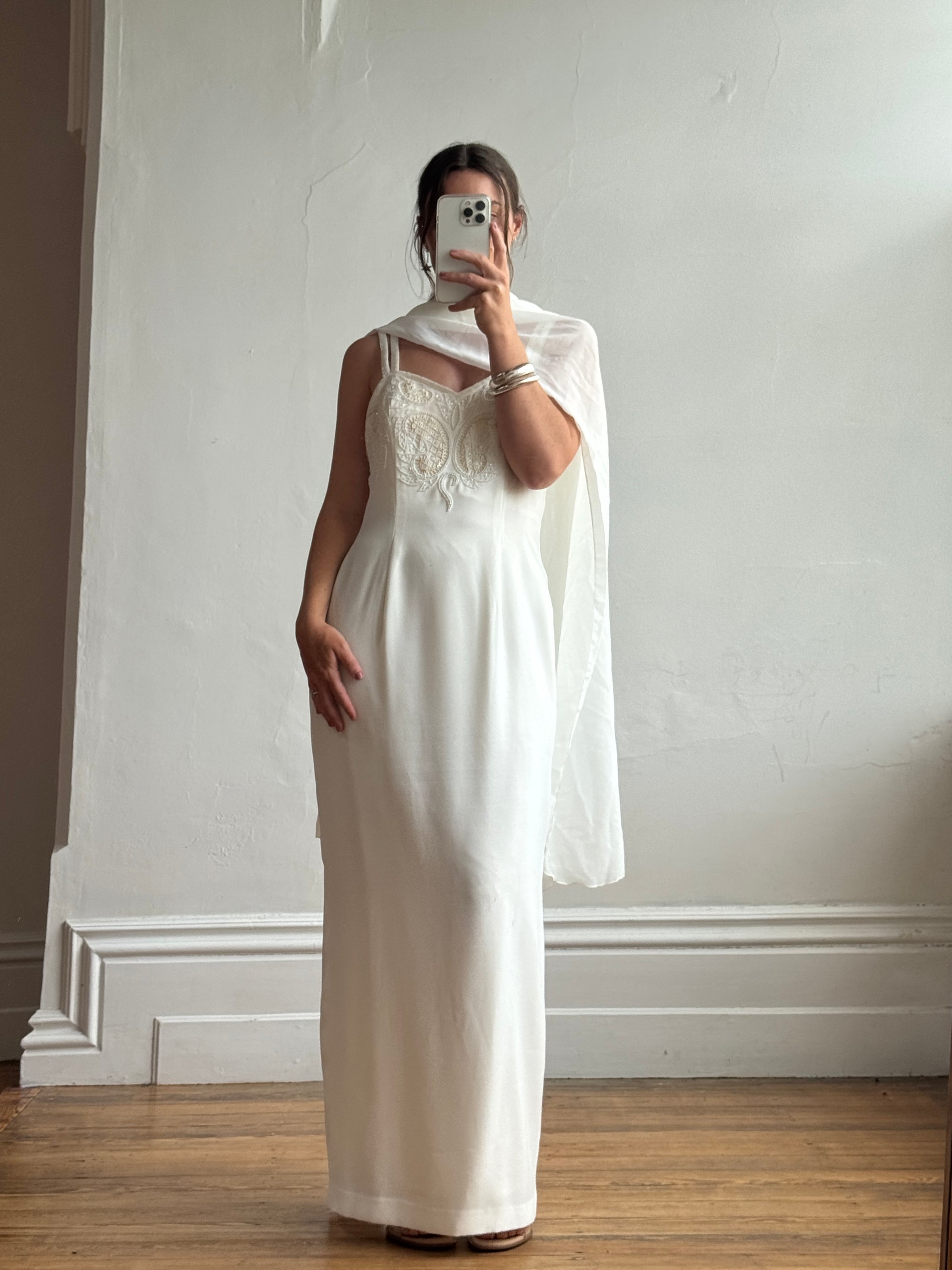 Vintage 90s Crepe Beaded Column Bridal Slip