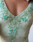 Vintage 90s Pure Silk Aquamarine Fairy Beaded Dress