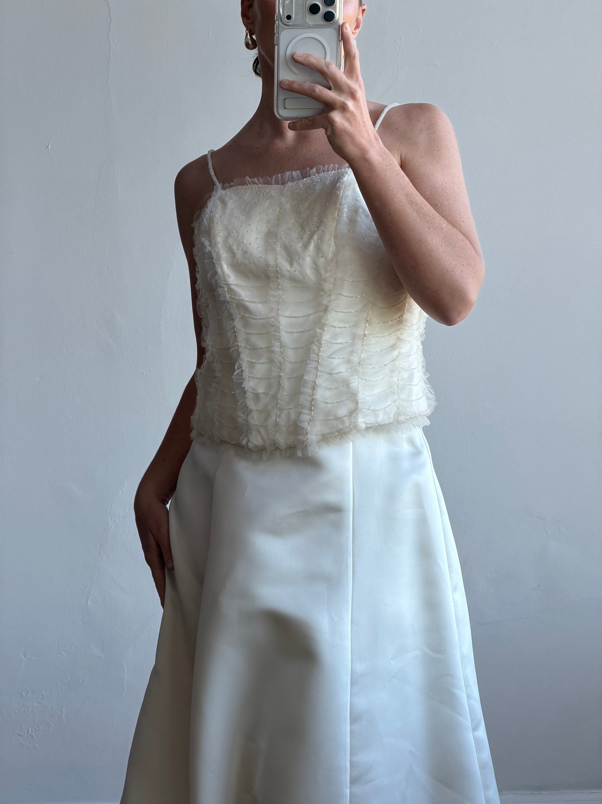 Vintage 90s Italian Bridal Fairy Tulle Embroidered Bustier and Satin Skirt