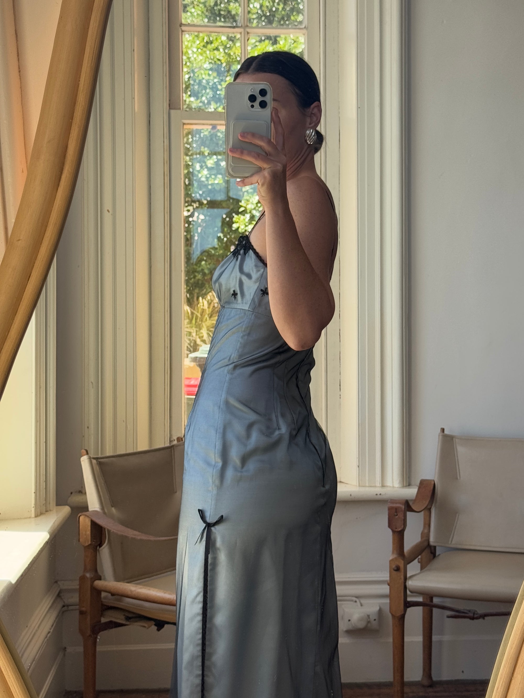 Vintage 90s Mesh Strappy Slip Dress Blue Satin Noir